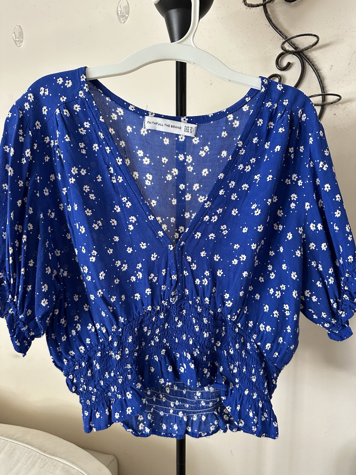 Faithfull the Brand Blue White Floral First Light Betina Top US 6