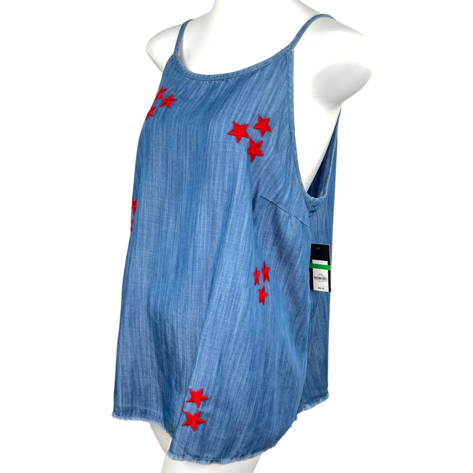 Crown & Ivy Women’s L Blue Embroidered Star Tank Top Sleeveless Boho Tassel Tie