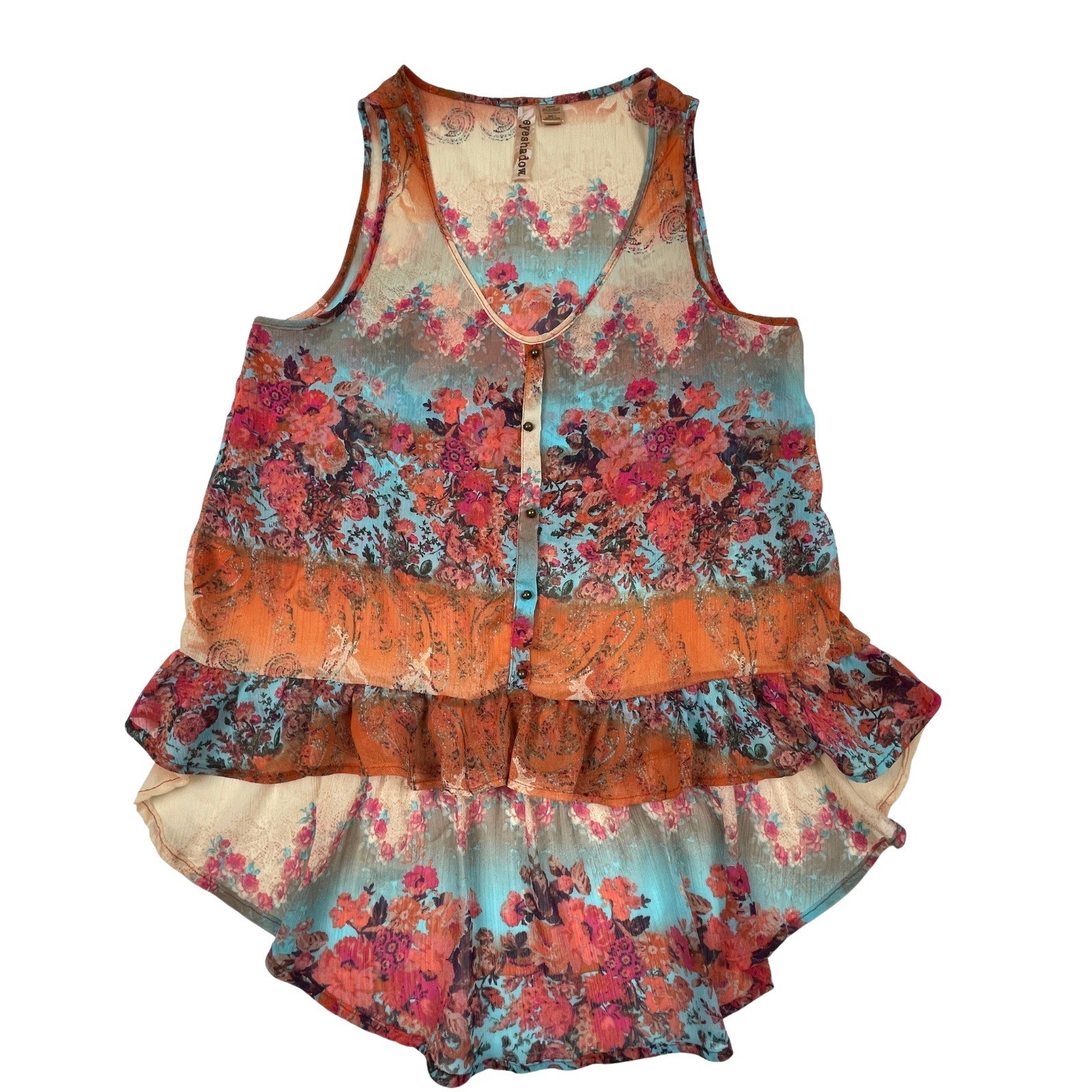 Eyeshadow Boho Floral Chiffon Ruffle High Low Tank Top Button Blouse Large EUC