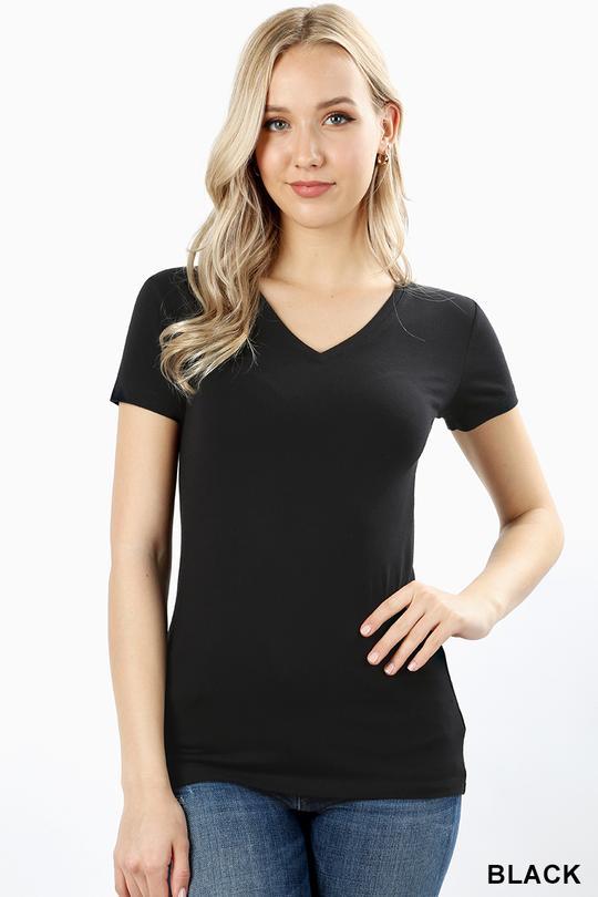 NEW Basic SHORT SLEEVE V NECK T-Shirt Cotton Stretch Long Top Fitted Tunic S-3X