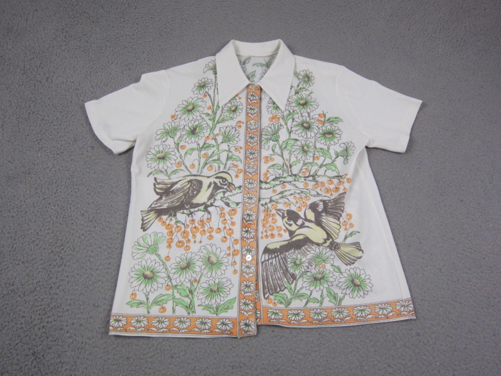 Vintage Disco Shirt Womens Large White Floral Bird Cottagecore AOP 60s 70s