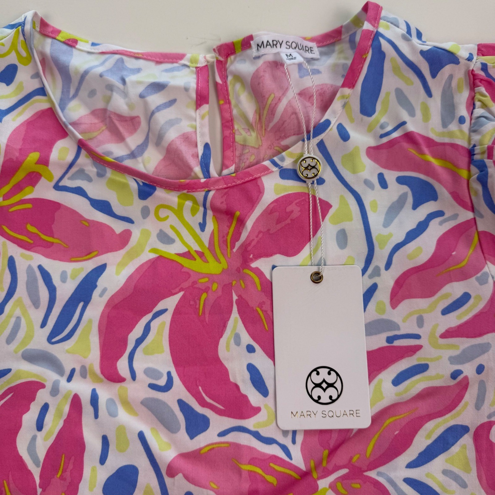 Mary Square Cassidy Top Hibiscus Harmony White Floral Ruffle Sleeve Blouse M NEW
