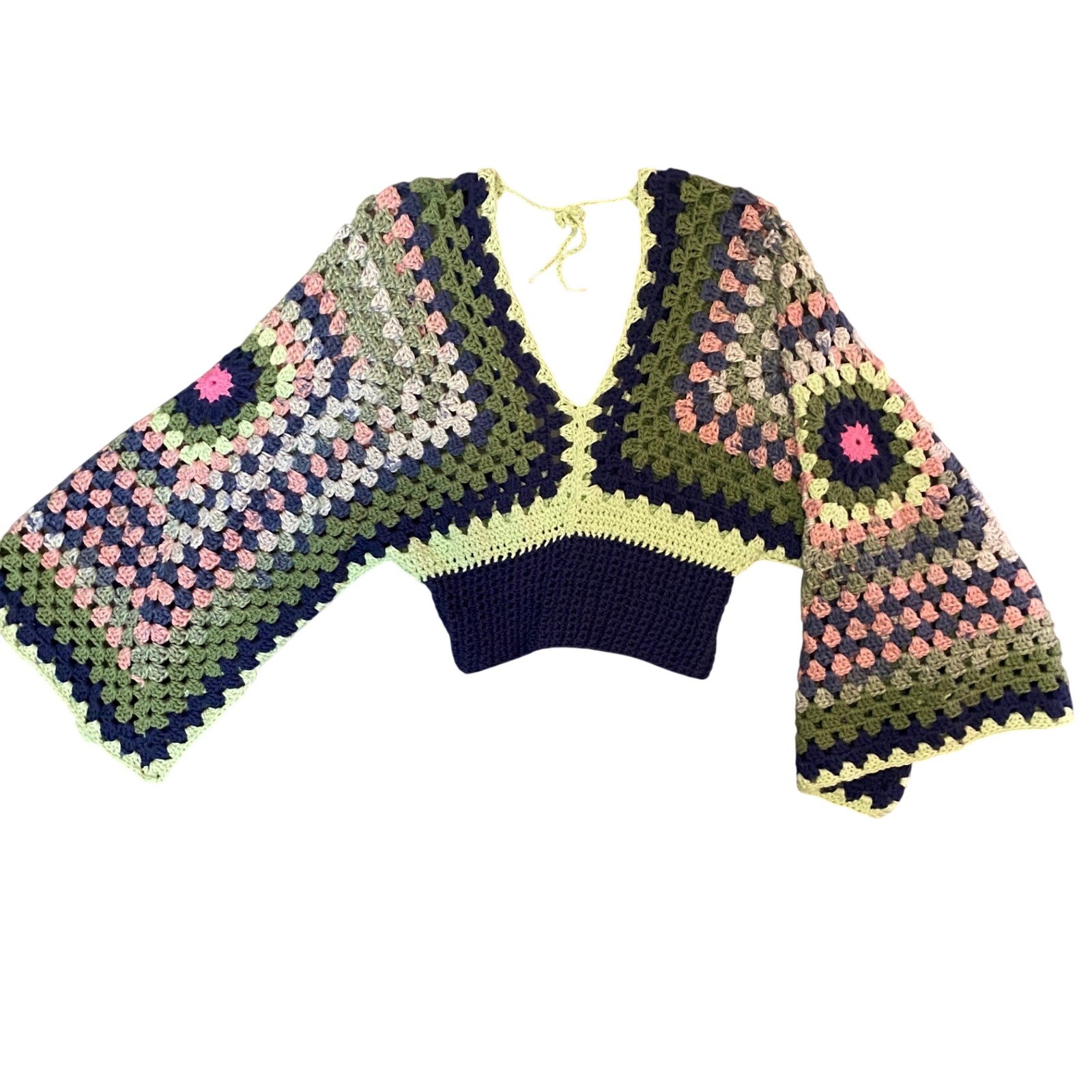 Handmade Crochet Granny Square Crop Top Bell Sleeve Green Navy Pink Boho V-Neck