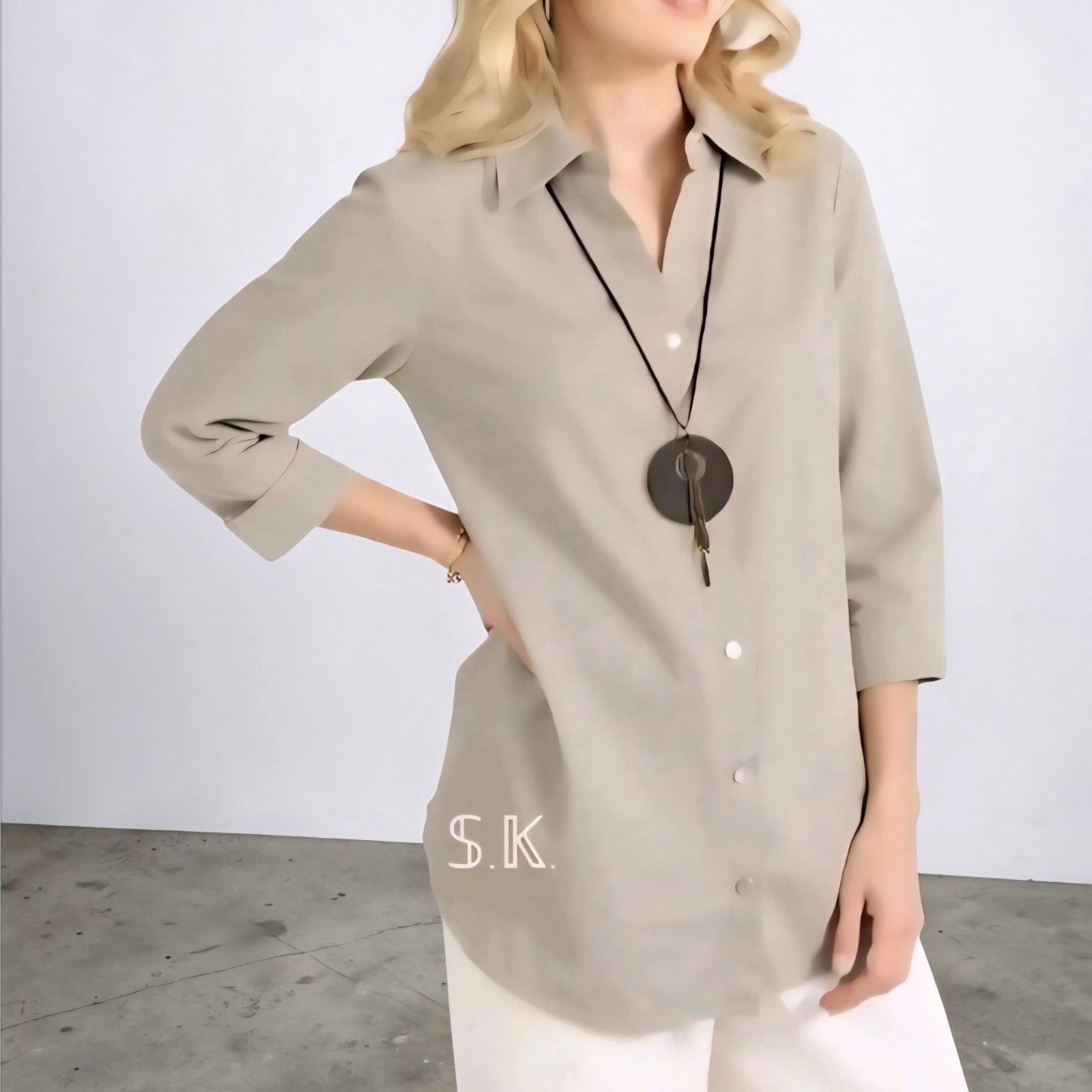 NEW – BELLE KIM GRAVEL Button-up Tunic Shirt 3/4 Sleeve Linen Rayon Oatmeal M/L