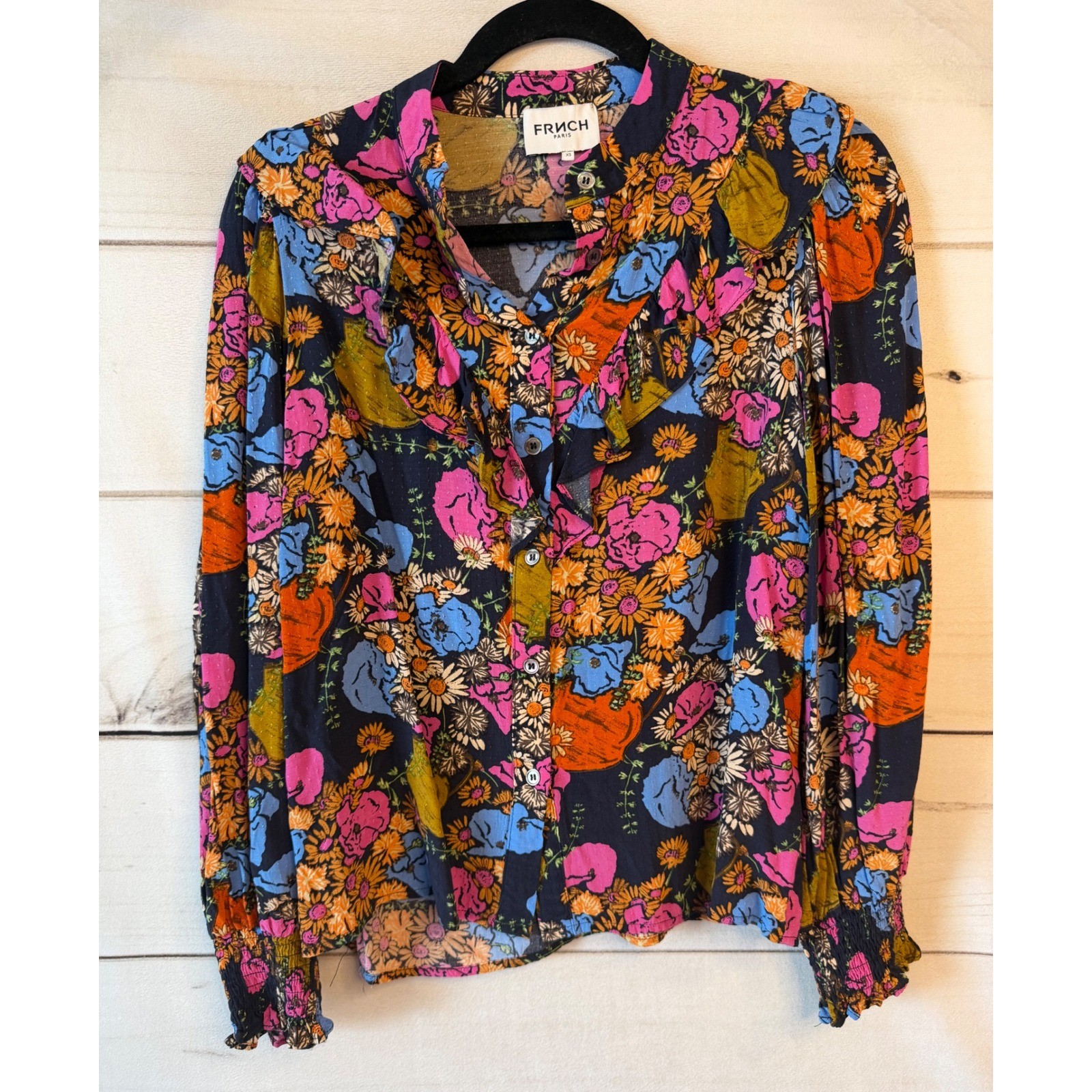 FRNCH Paris Floral Ruffle Button Down Blouse Multi Color Boho Viscose Top XS