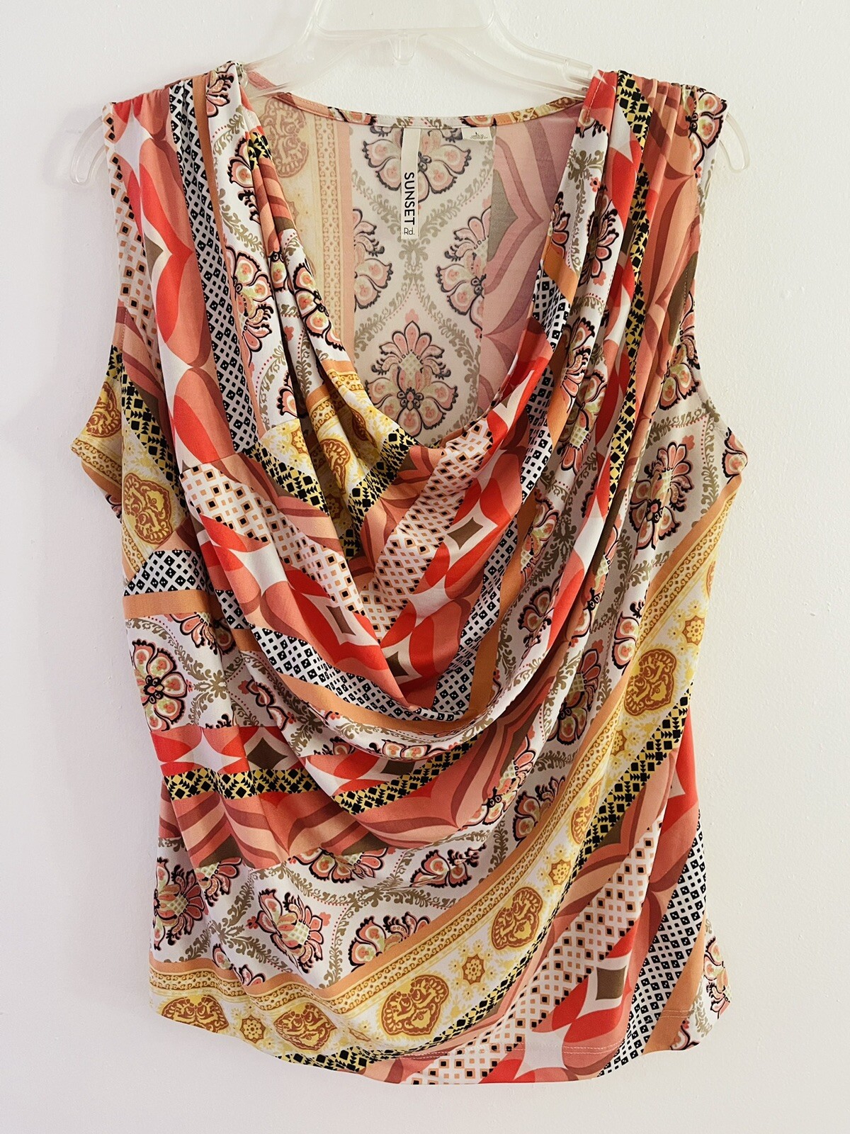 Sunset Rd Women’s Coral Yellow White Sleeveless Cowl Neck Top Blouse Size Large