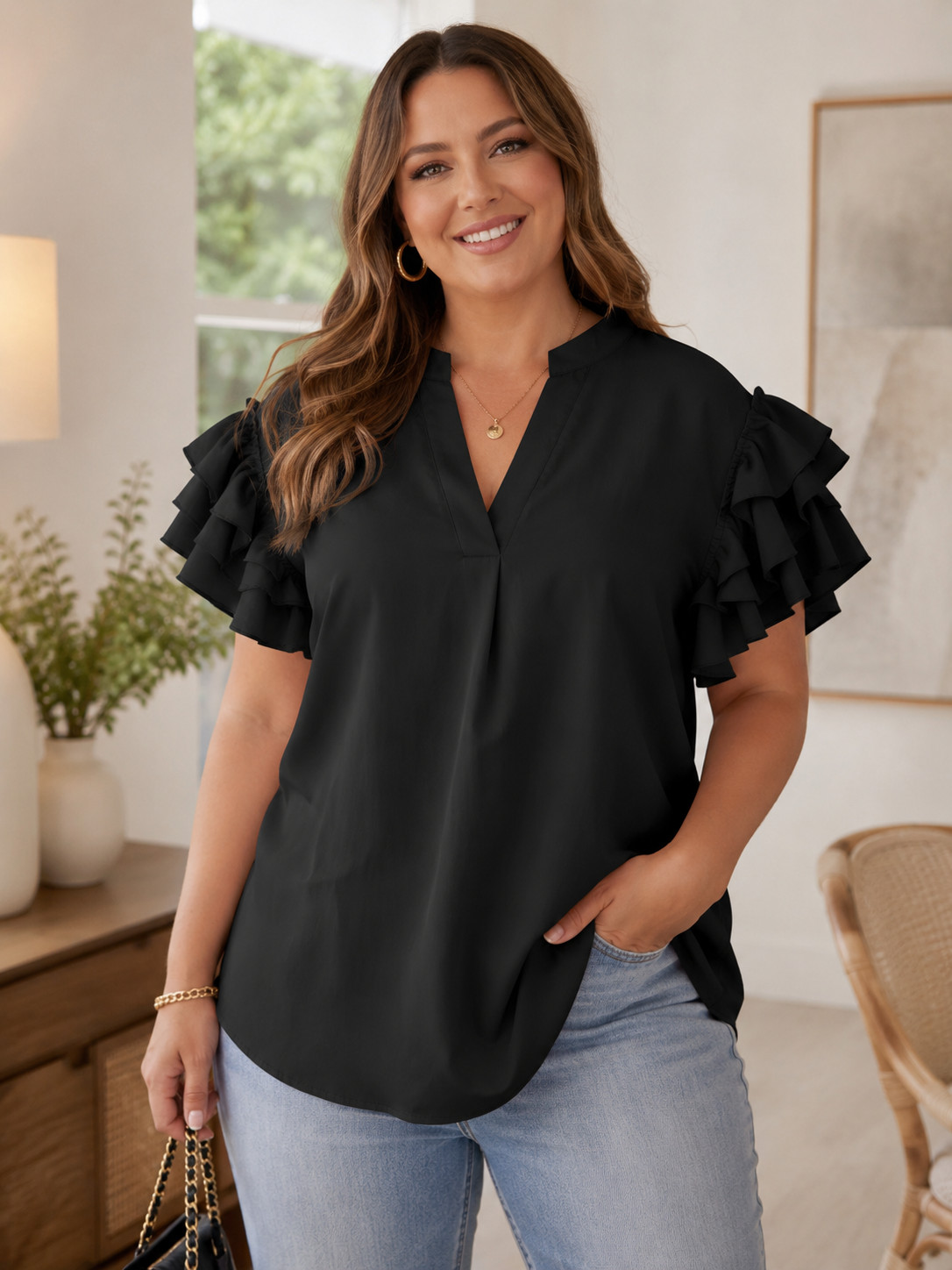 SHEIN Black Ruffle Sleeve Blouse Womens L 8/10 V Neck Flutter Sleeve Top NWT