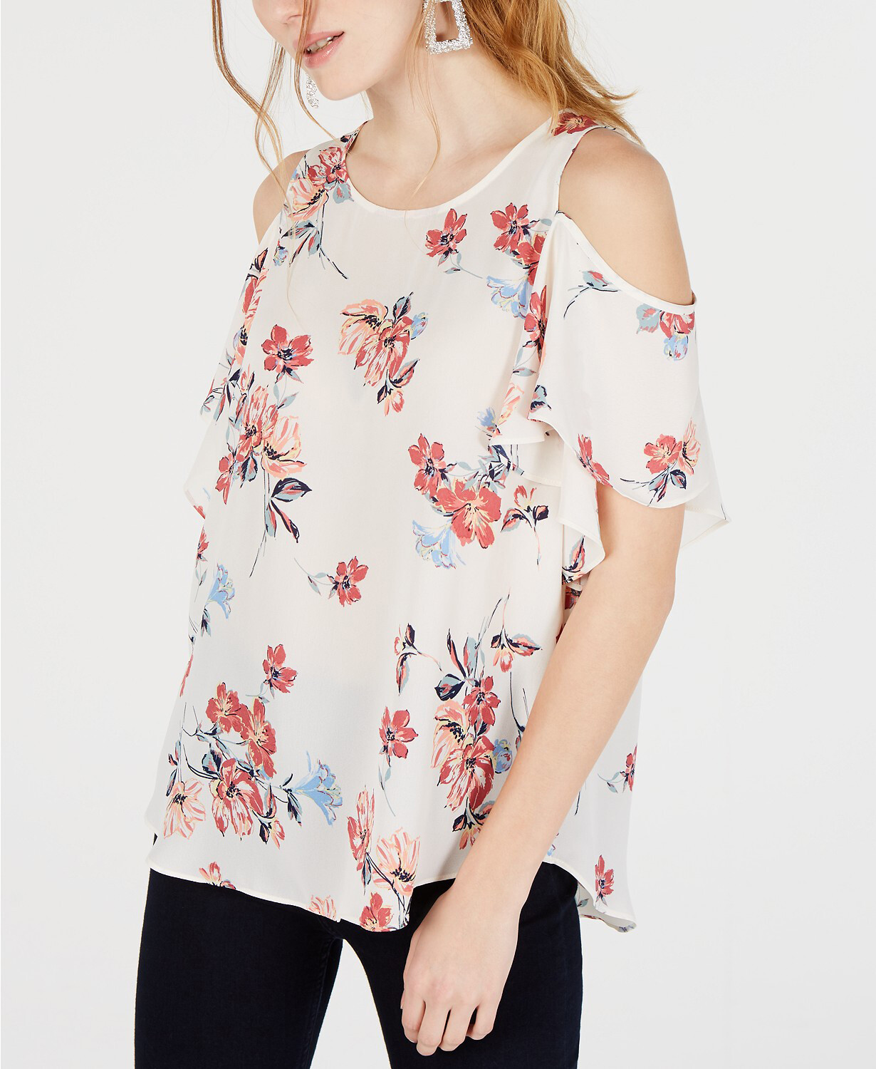 NWOT BCX Women Junior’s Floral Printed Cold Shoulder Top Blouse Size S