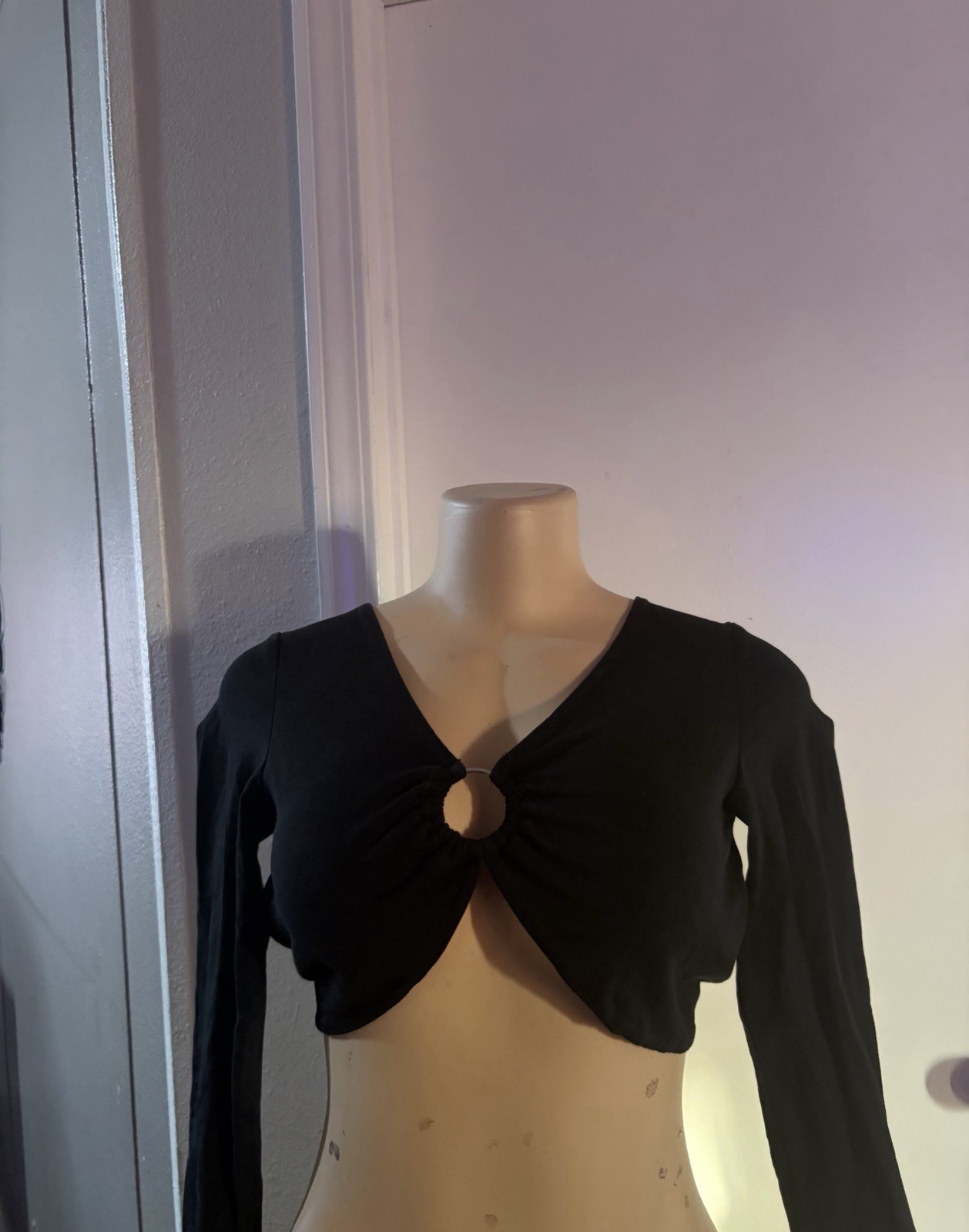Aditka Women’s S Black Knit V-Neck Long Sleeve Cutout Ring Tie Back Crop Top