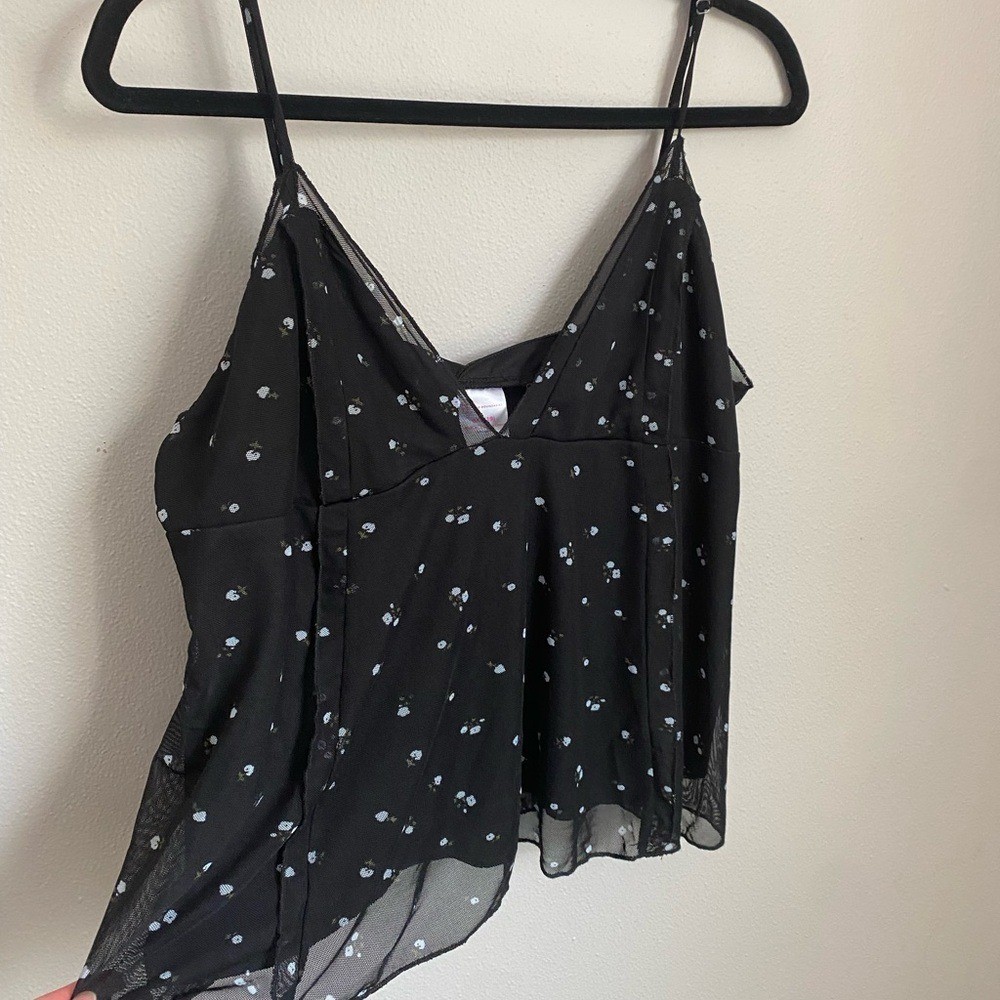 Dainty Floral Mesh Sheer Babydoll Black Cami Top XXL Fairy Y2K Baddie Feminine
