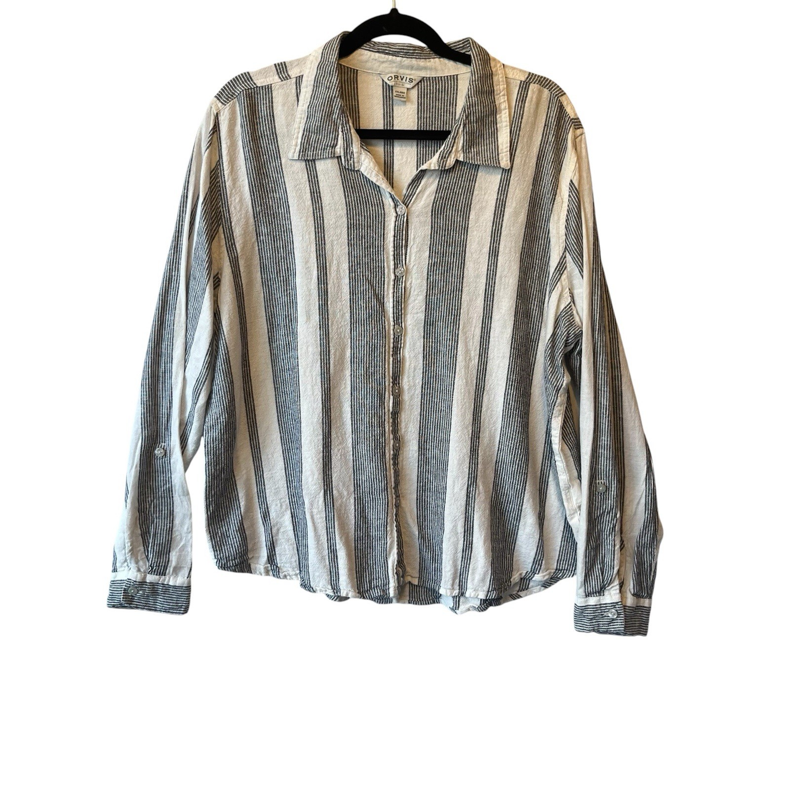 Orvis button up shirt XXL White striped Linen Rayon Long sleeves Womens top