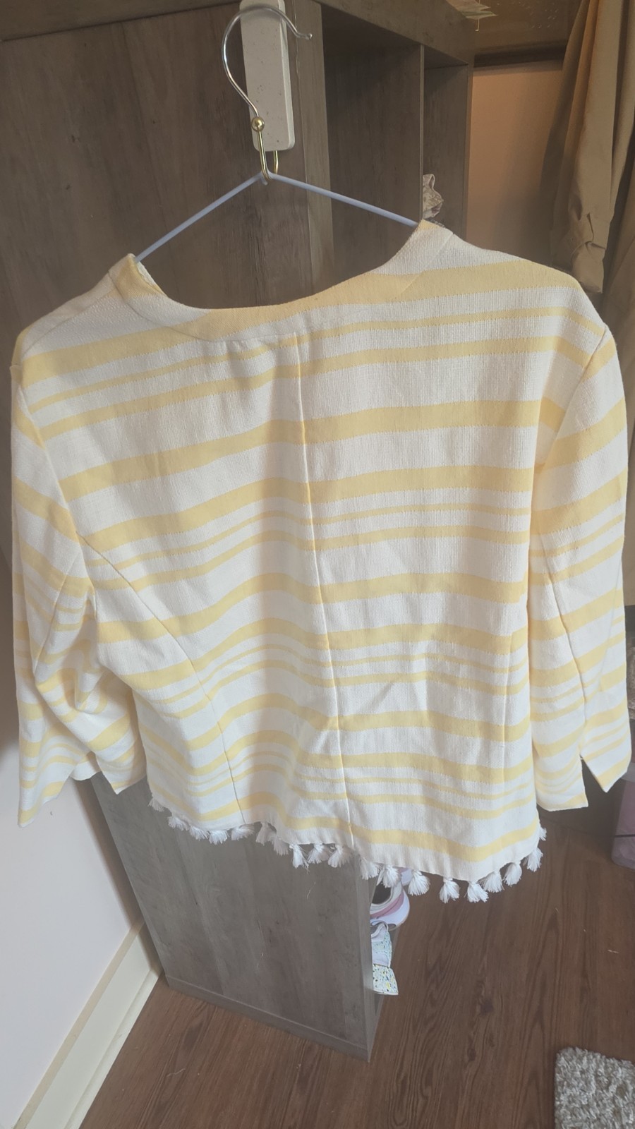 Cato Womens 18W Yellow White Striped Crew Neck 3/4 Sleeve Fringe Blouse