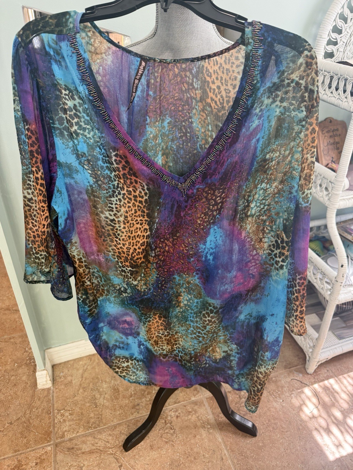 Mushka by Sienna Rose Blouse Sz 1X Sheer Tunic Beaded neckline