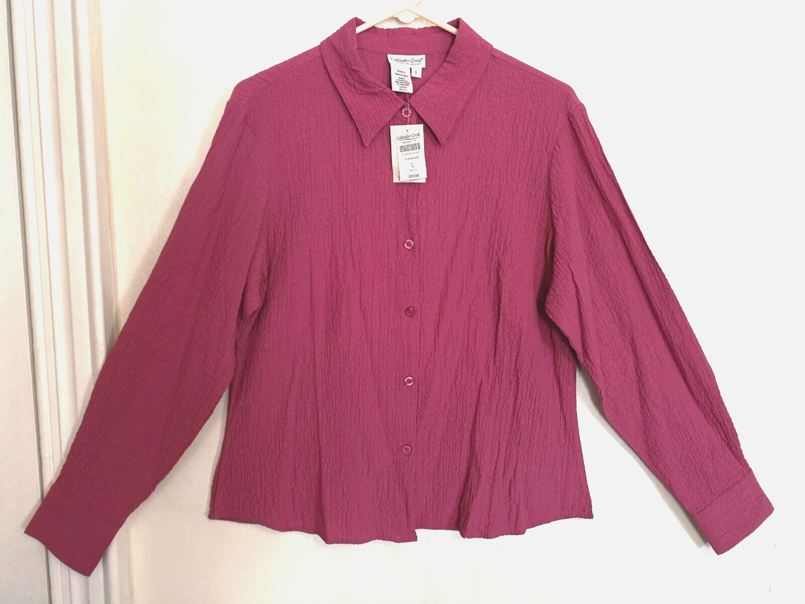 Coldwater Creek Womens Blouse L Purple Button Up Puckered Shirt Misses 14-16