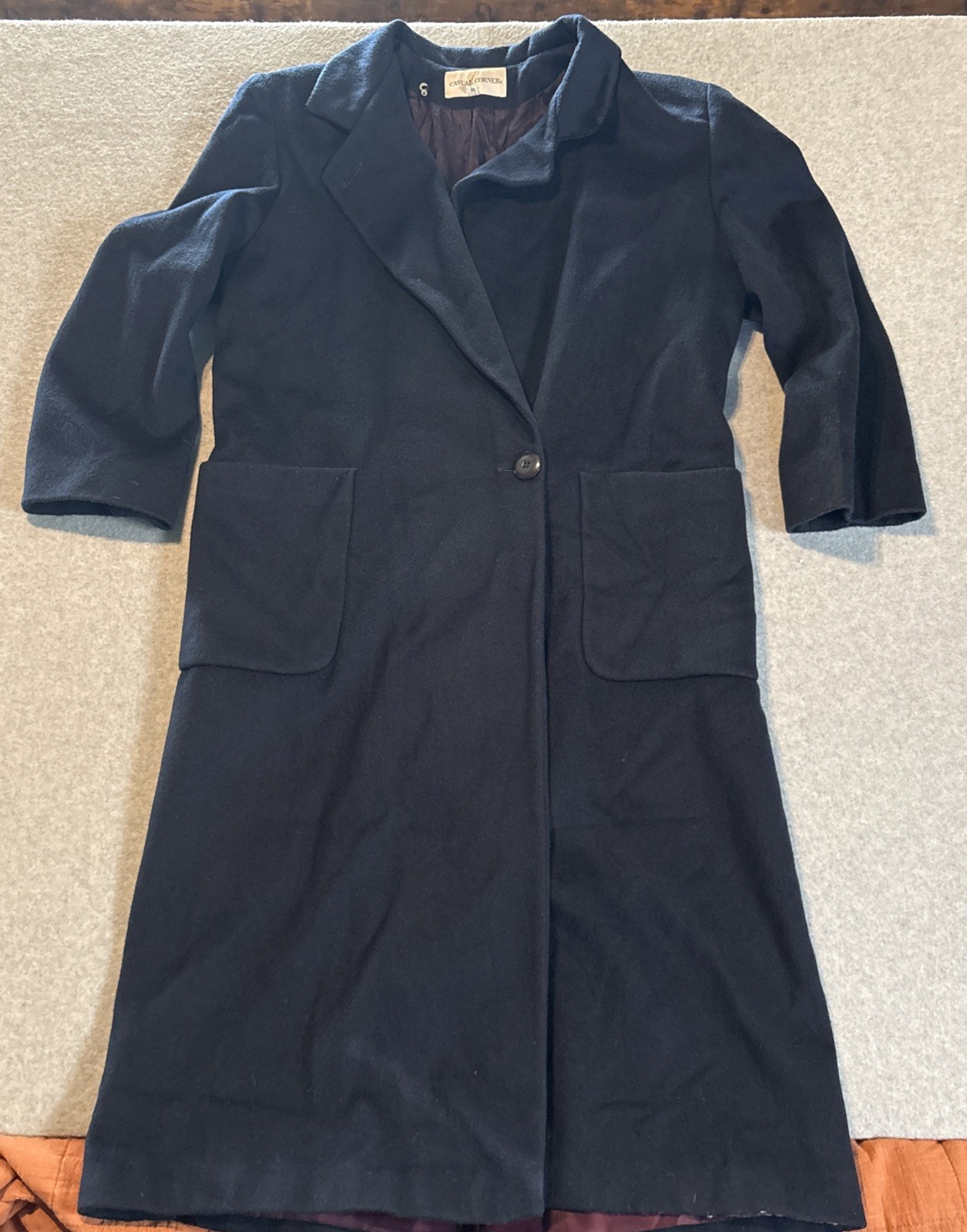 Casual Corner Blue Long Overcoat Women’s Sz 10 Good Cond. 75% Wool 25% Nylon