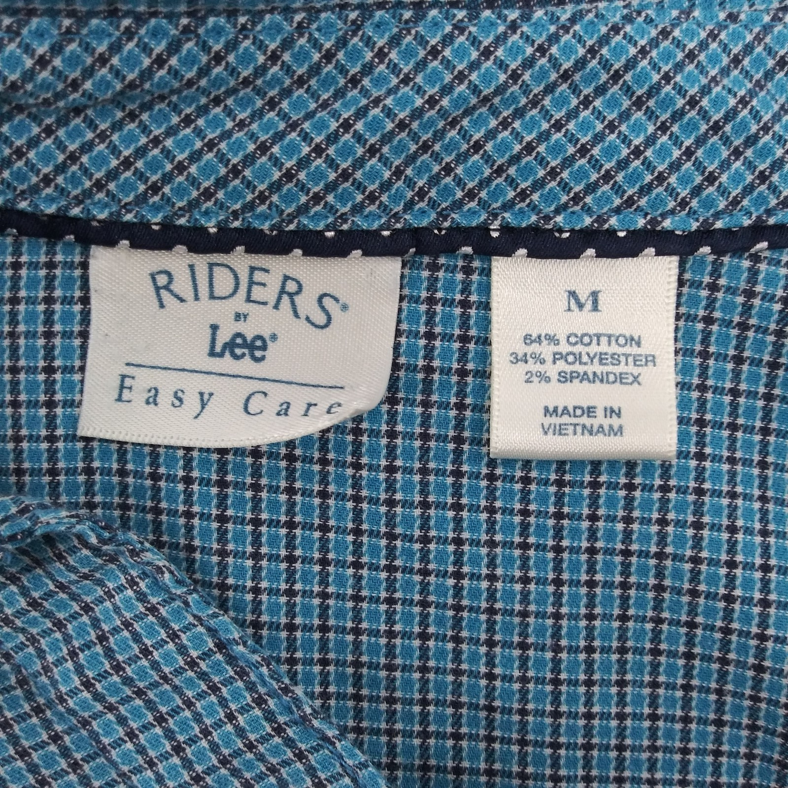 Riders by Lee Shirt Women Size M Teal Check Collared 3/4 Sleeve Button Up Top