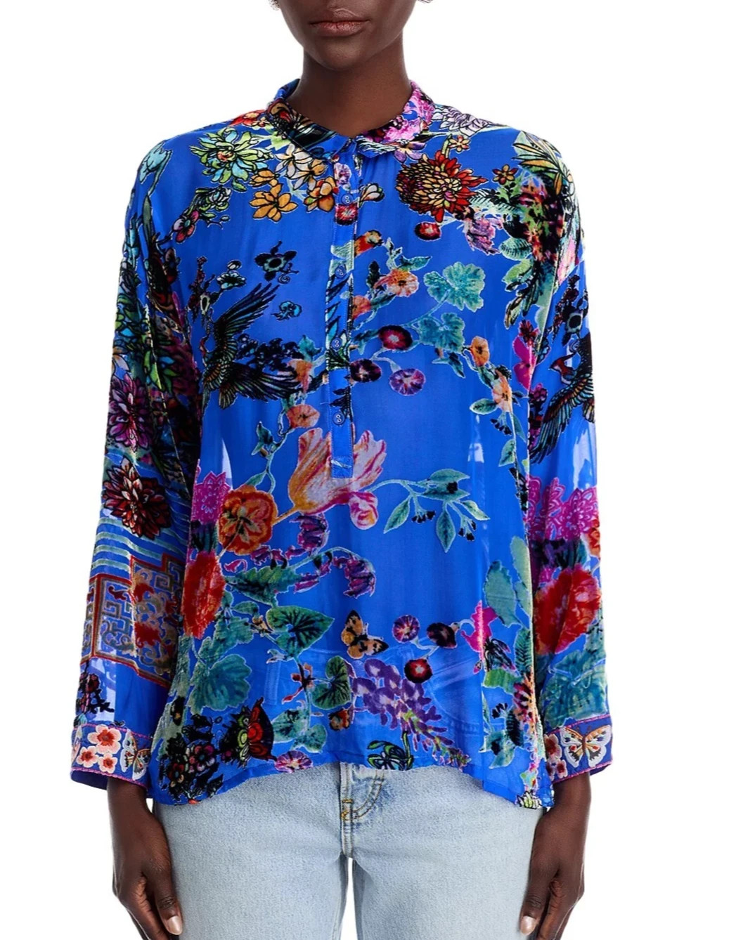 Johnny Was Seline Burnout Velvet Blouse Blue Floral Silk Blend Womens XS NWT