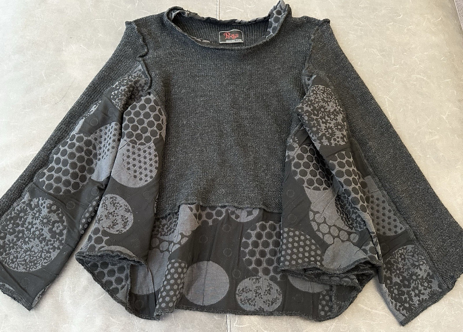 Prisa Collection One Size Top Cape Black Grey 3/4 Sleeves Wool European