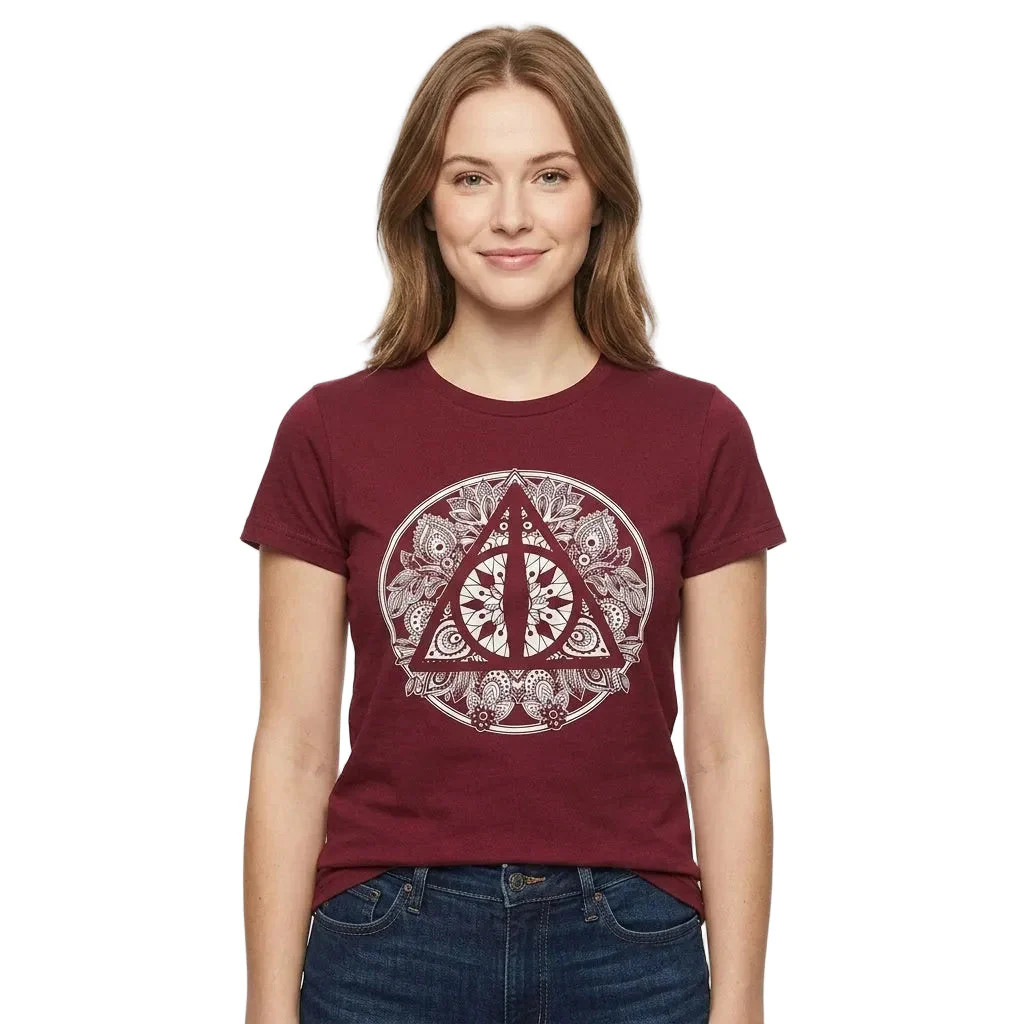 Women Junior’s Red Harry Potter Hallows Graphic Tee T-Shirt