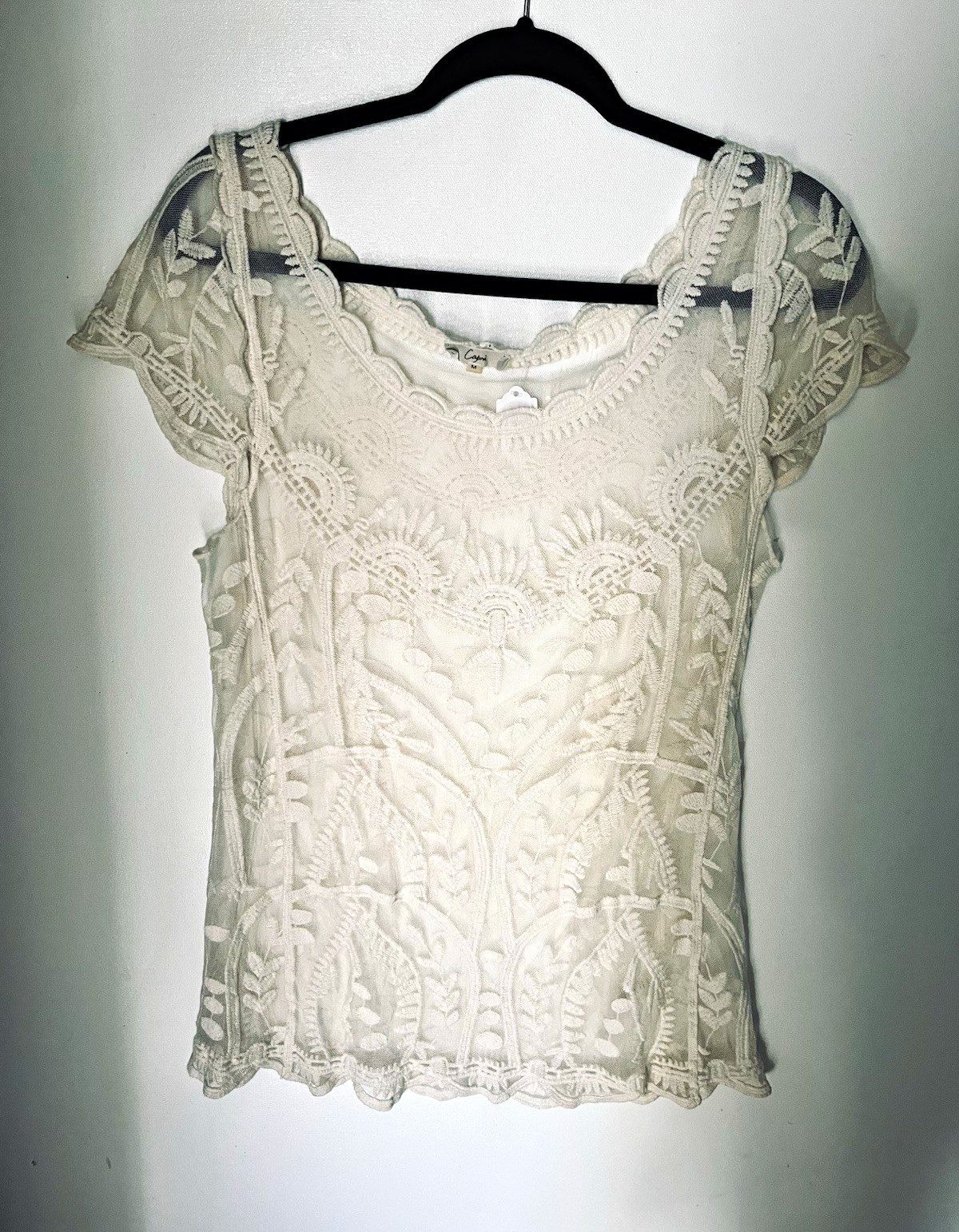 Ivory Sheer Floral Embroidered Lace Scoop Neck Short Sleeve Blouse M