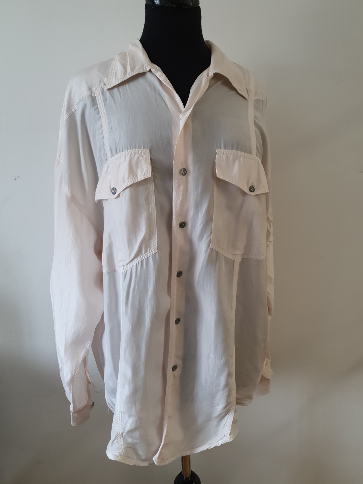 Pure Silk Blouse UK Large Pale Apricol Long Sleeve Front Pockets