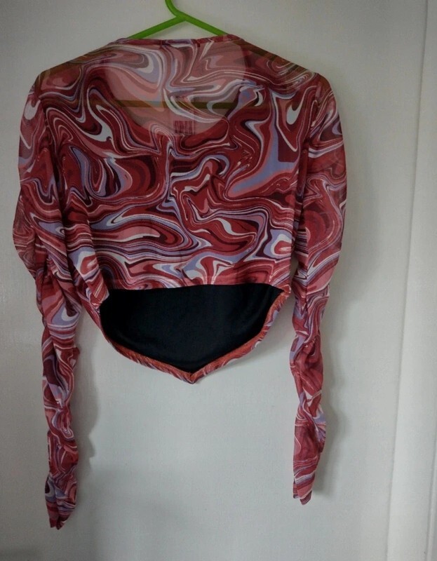 Select Marble Print Mesh Crop Top Red Purple Ruched Long Sleeve V-Hem Size Large