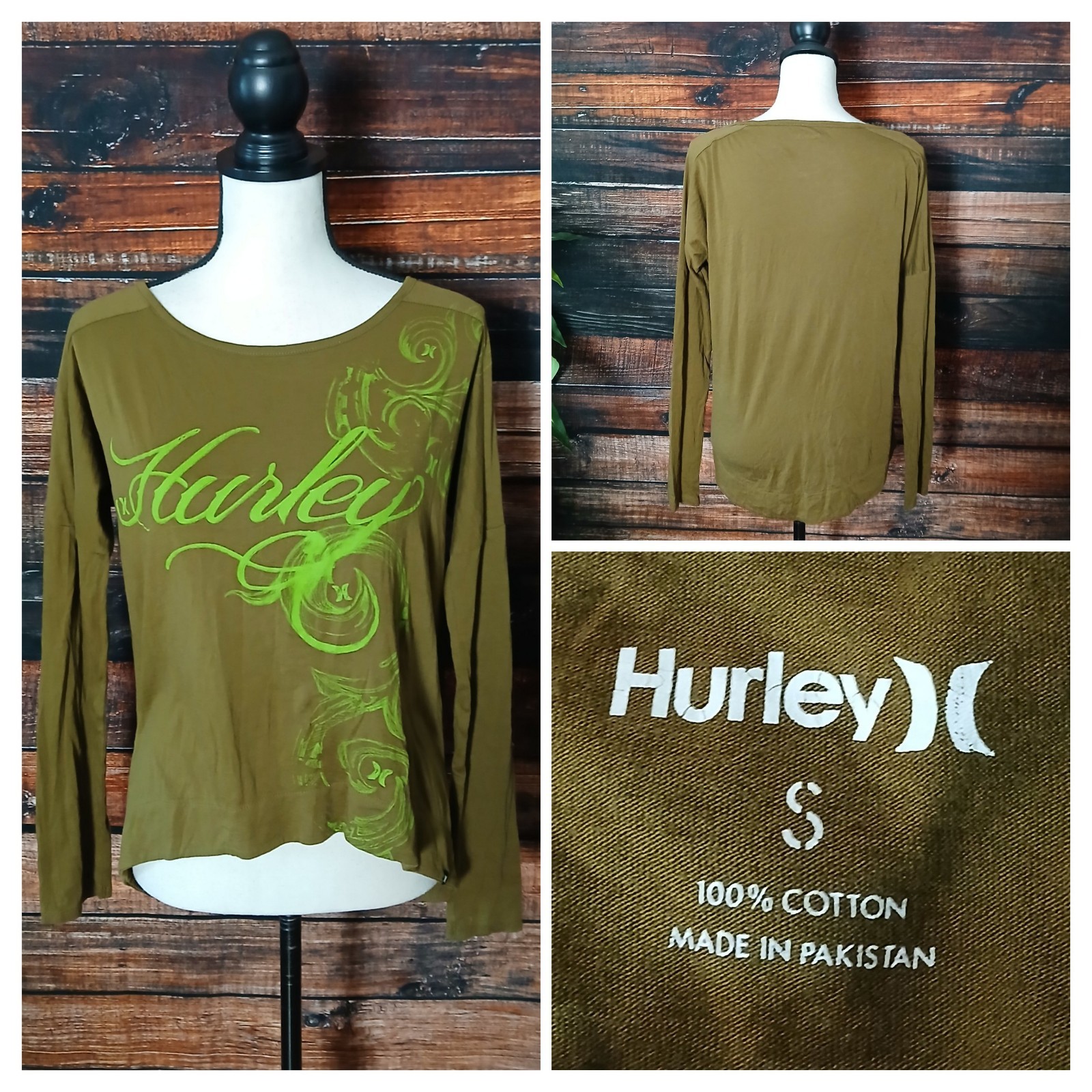 Hurley Long Sleeve Top Small Cotton Shirt Hi Low Olive Green Graphic Logo Y2K