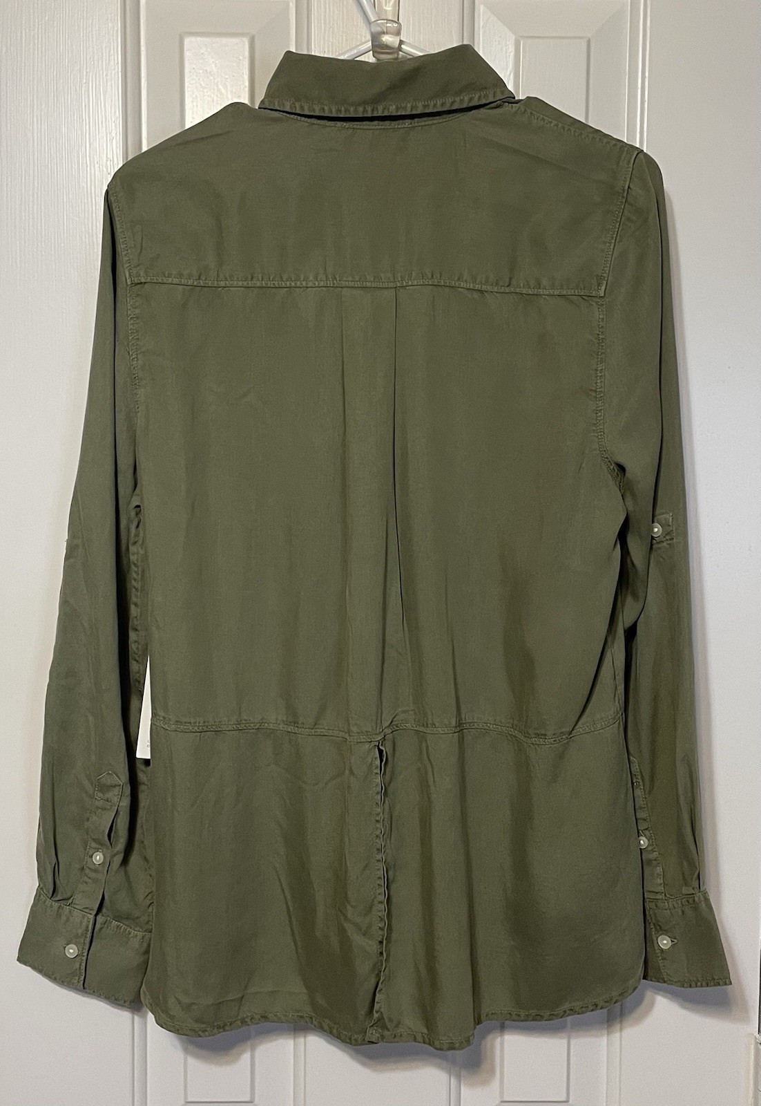 NWT Caslon Olive Green Women’s Roll Tab Sleeve Button Down Blouse Small Hi Low