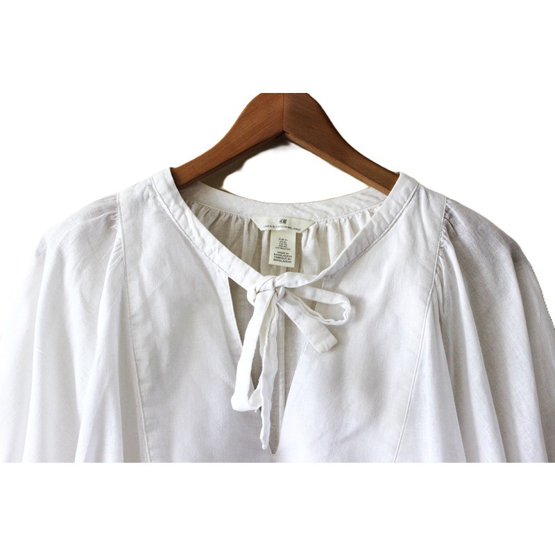 H&M Linen & Cotton Blend Tie-Neck Balloon-Sleeve Blouse in Crisp White (XL)