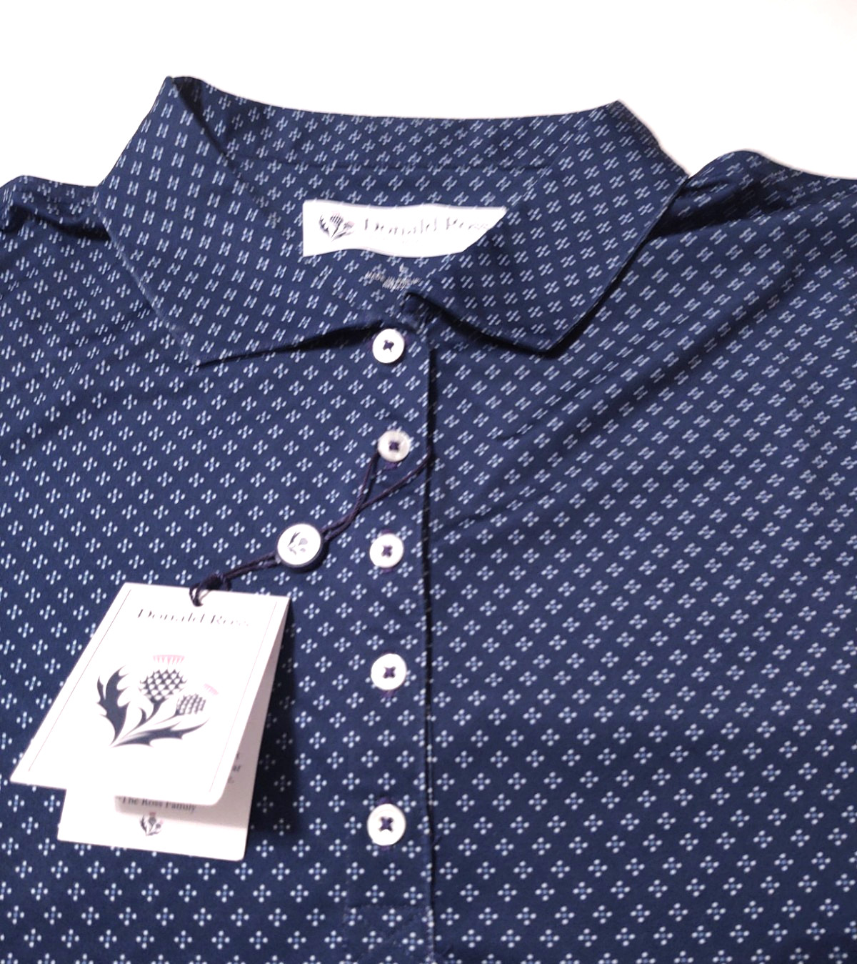 DONALD ROSS Women’s POLO Style Poly/Spandex (L) Blue Geometric Shirt NWT