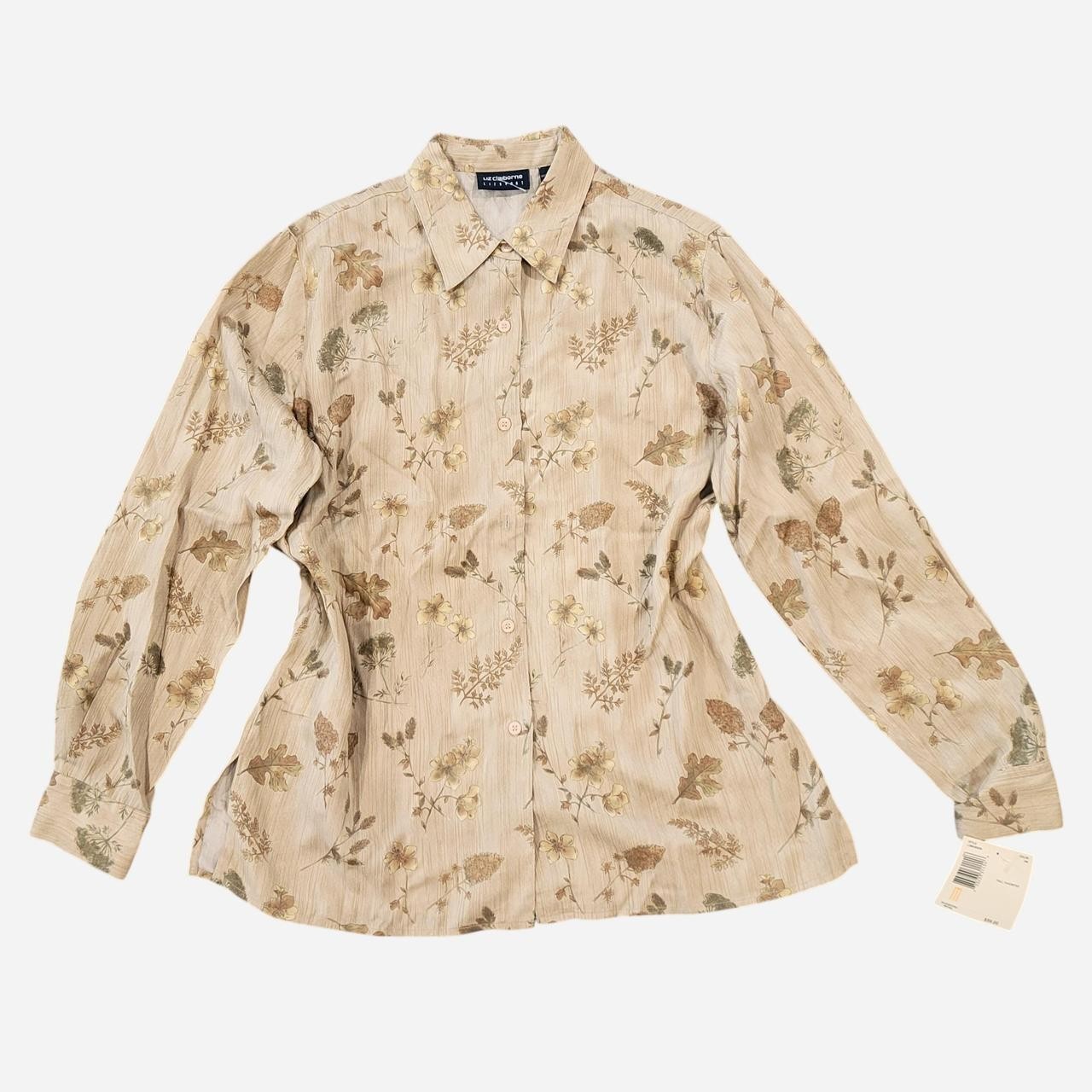 Liz Claiborne LizSport Women’s M Beige Floral Button Up Shirt Long Sleeve NWT