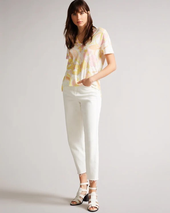 Ted Baker Yellow and PInk CIANA Floral Cotton Linen V-Neck Top – Size – 5 (XXL)