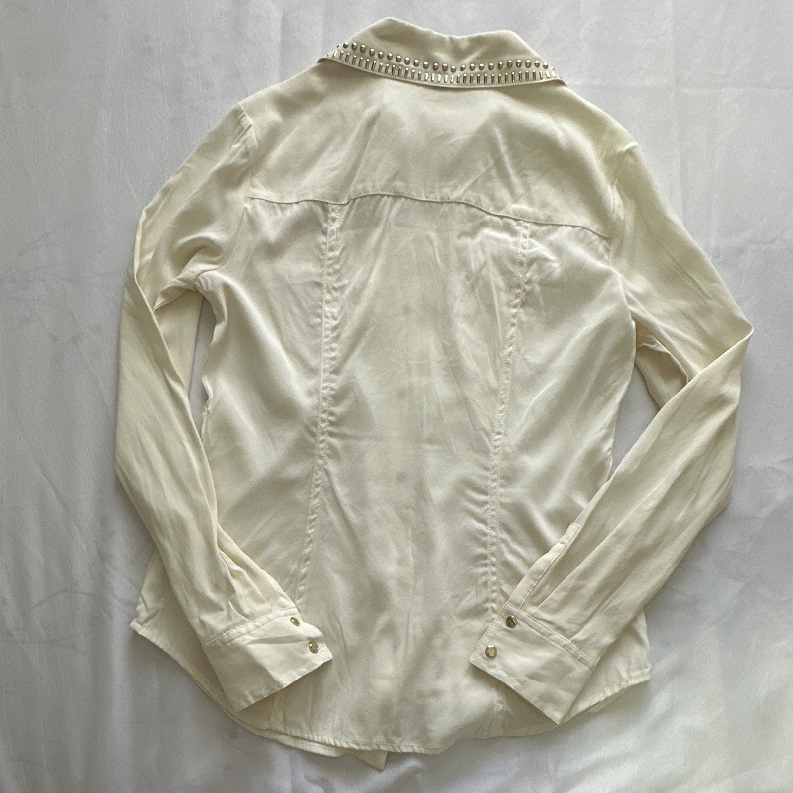 Cache Women’s S Ivory 100% Silk Collared Long Sleeve Studded Blouse
