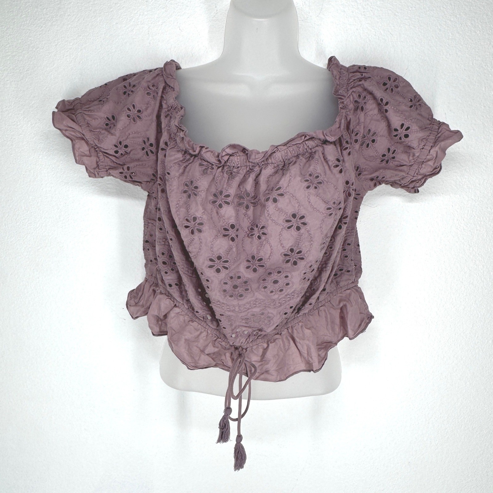 Mauve Eyelet Cotton Crop Top Off Shoulder Boho Blouse Large Milkmaid Tie Peasant