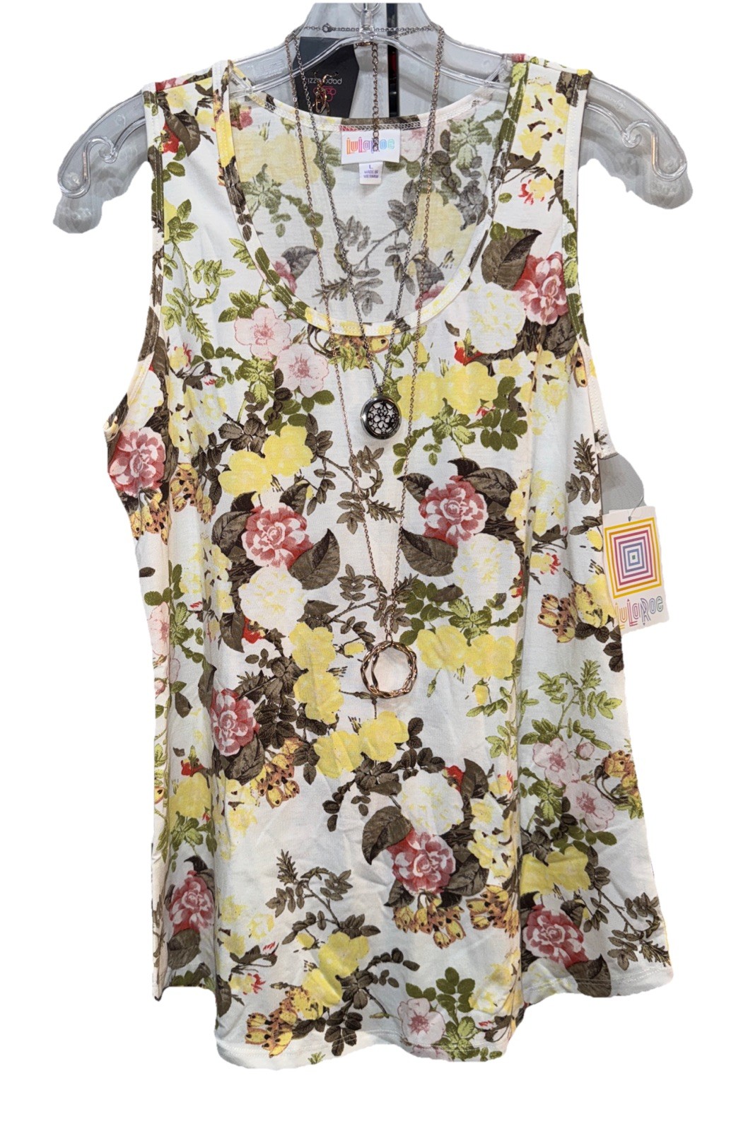 New LuLaRoe Large White Yellow Mauve Brown Green Floral Tank Regular Tank Top