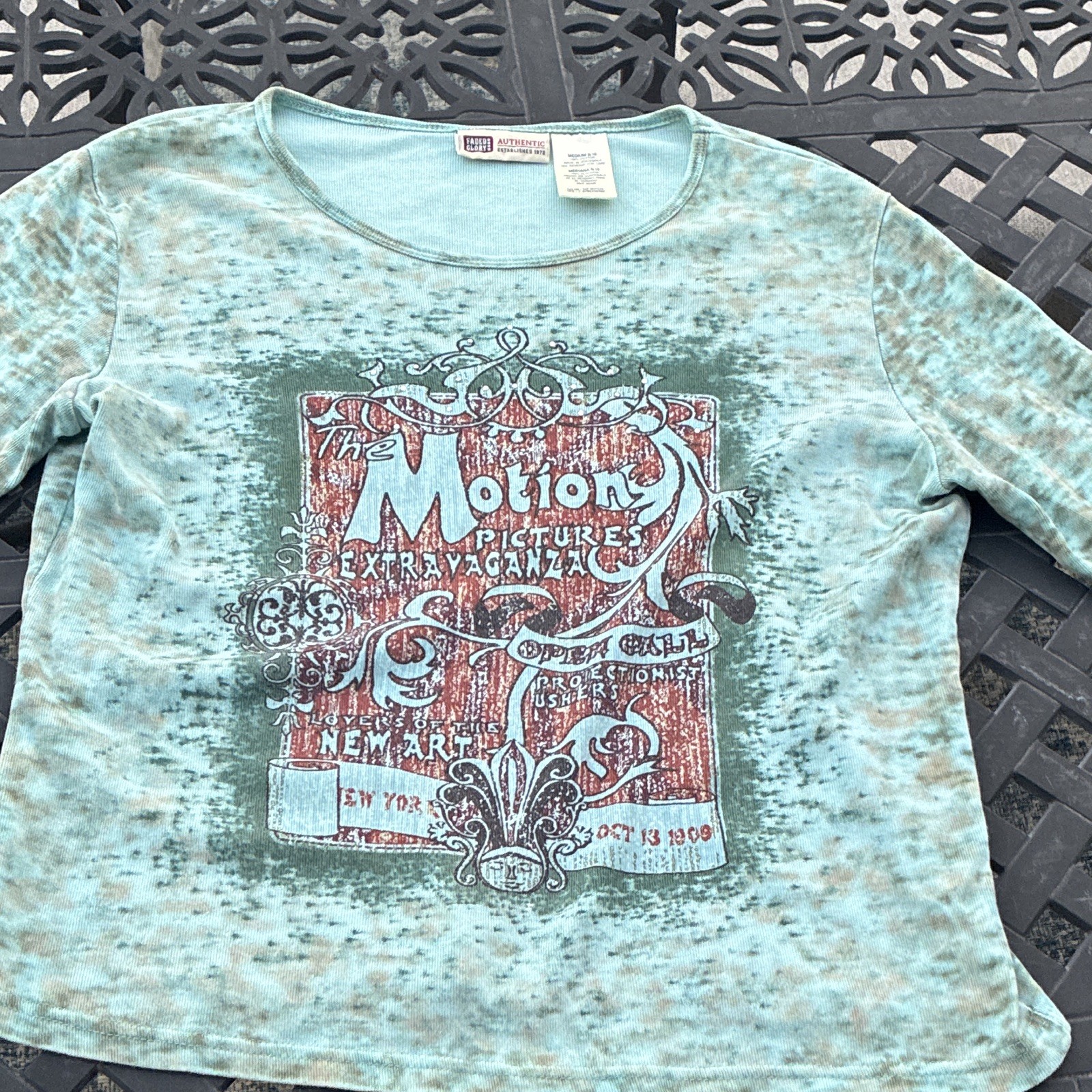 Y2K Faded Glory Burnout Graphic Tee 3/4 Sleeve Blue Teal Size Medium 8/10