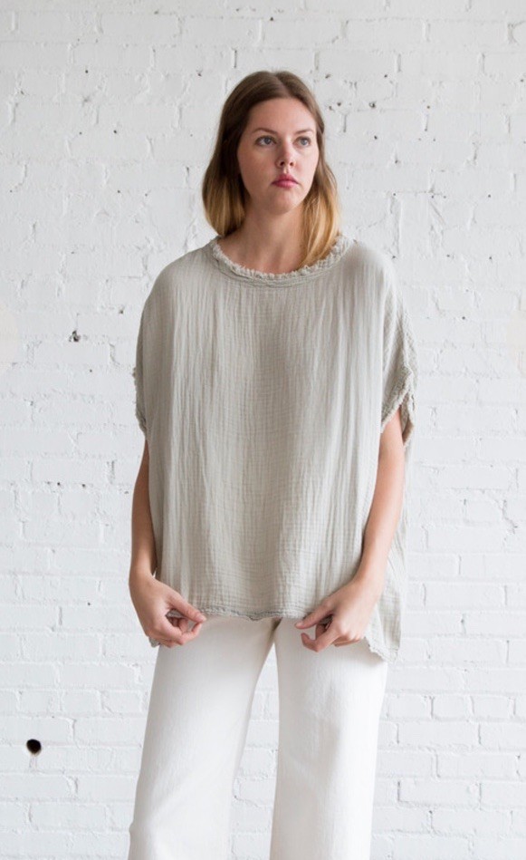 Black Crane Double Gauze 100% Cotton Square Boxy S/S Top Lagenlook OS Color:Sand