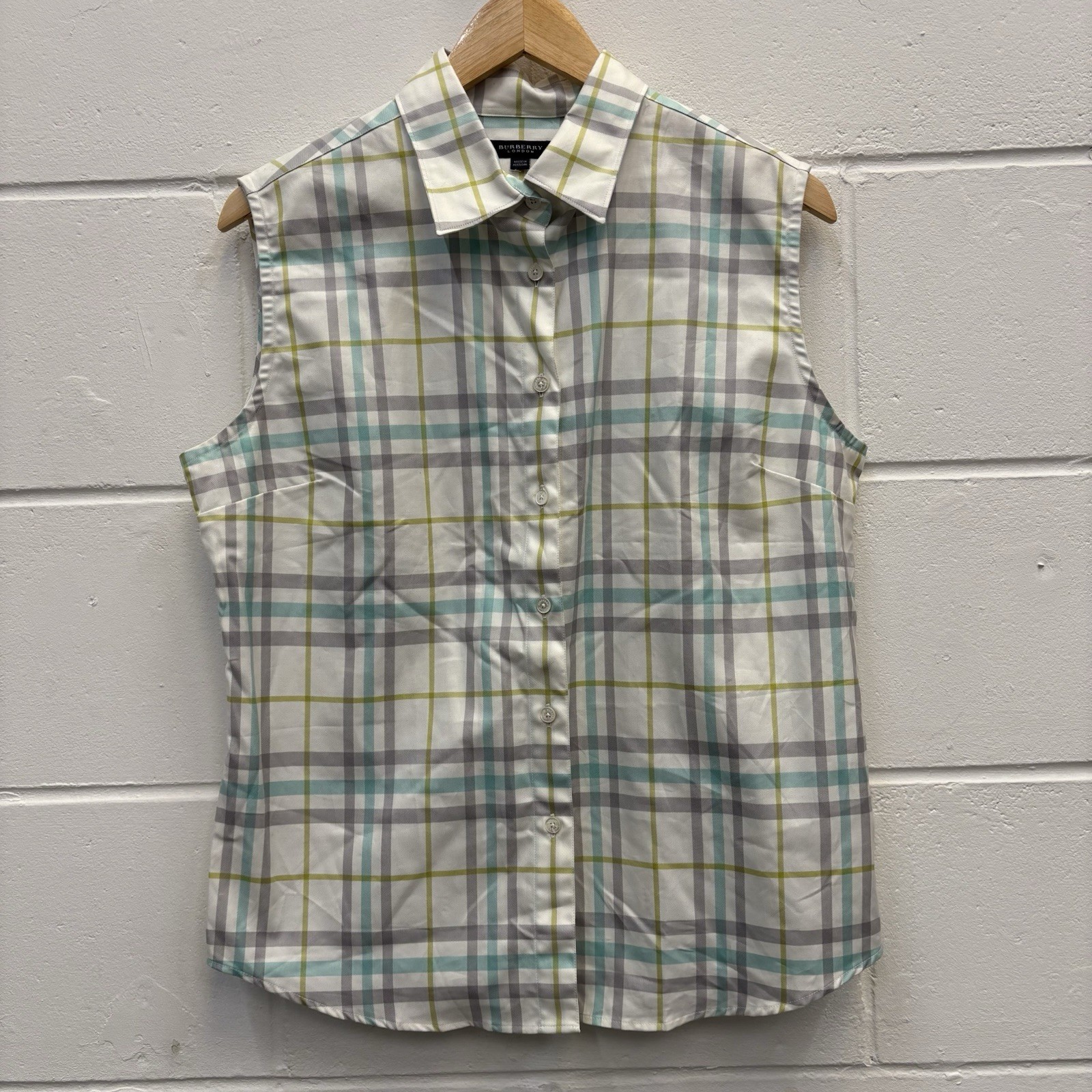 Burberry London Women’s Sleeveless Nova Check Shirt XL White Cotton Button Top