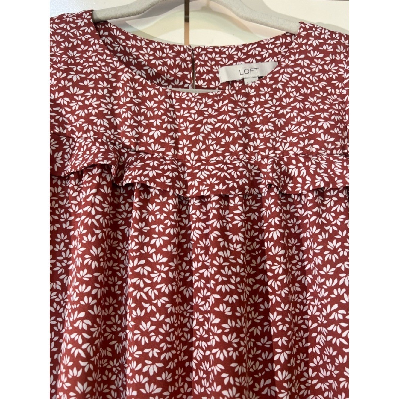 LOFT Red Floral Cap-Sleeve Ruffle Yoke Camisole