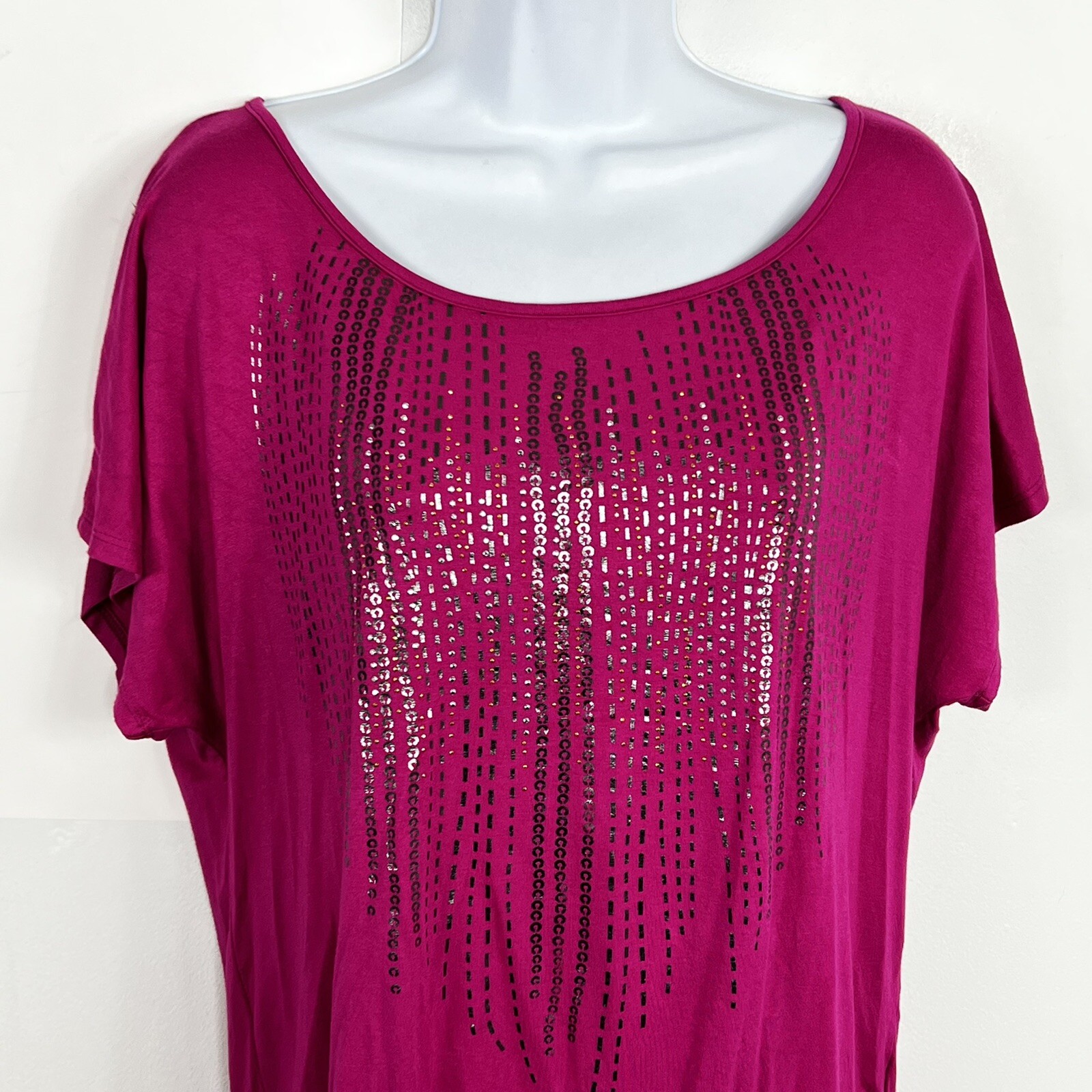 BLEU Top Sz L Hot Pink Short Dolman Sleeves Sequins Round Neck Studded Glam