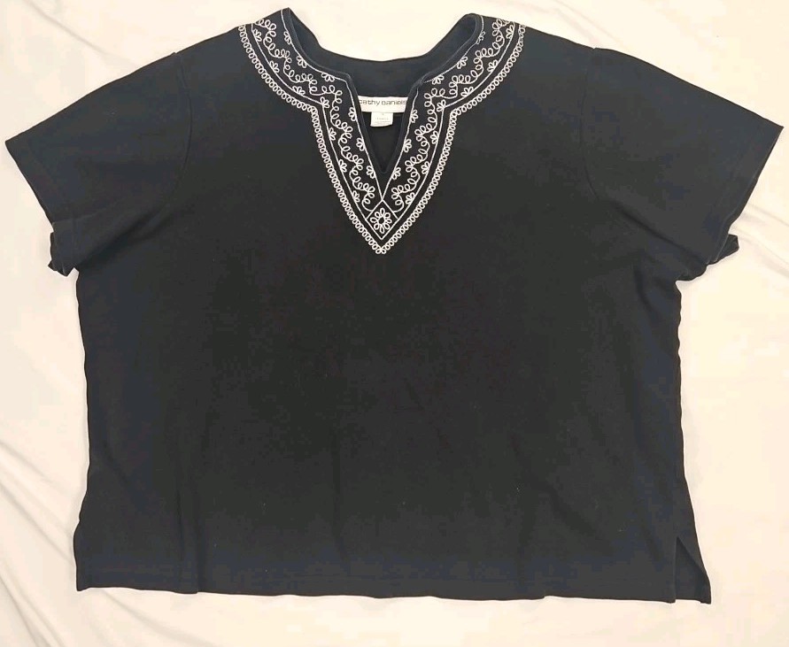 Cathy Daniels Short Sleeve Cotton Shirt Wm Sz 2X Black/Wht Embroidered Neckline