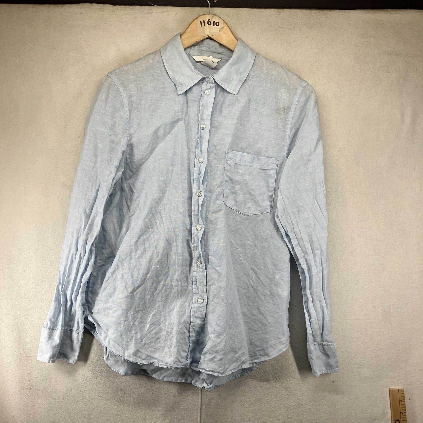 H&M Womens Light Blue 100% Linen Long Sleeve Button Up Shirt Size Small