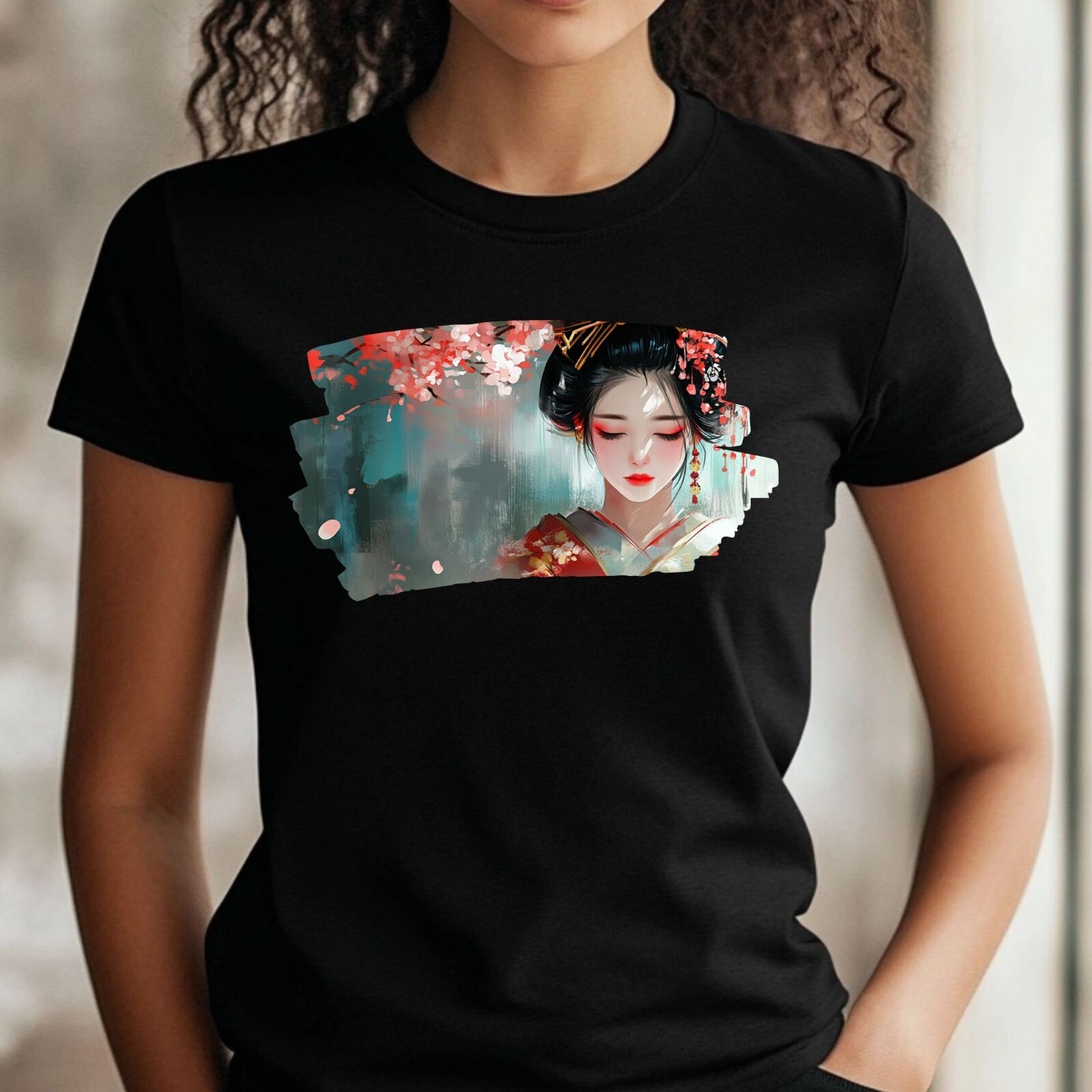 Women’s Geisha Portrait Motif Cotton T-Shirt Size XS to 3XL