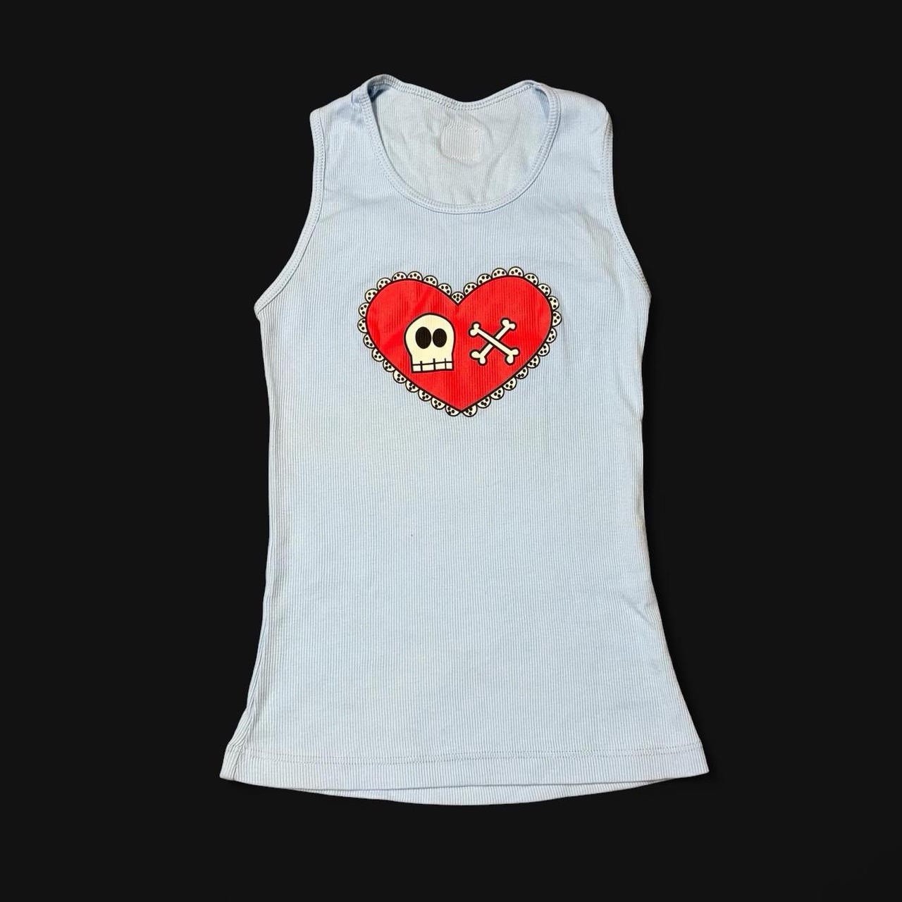 Y2K Grunge Skull Tank Top M Draven Blue Ribbed Heart Emo Skater Goth Graphic