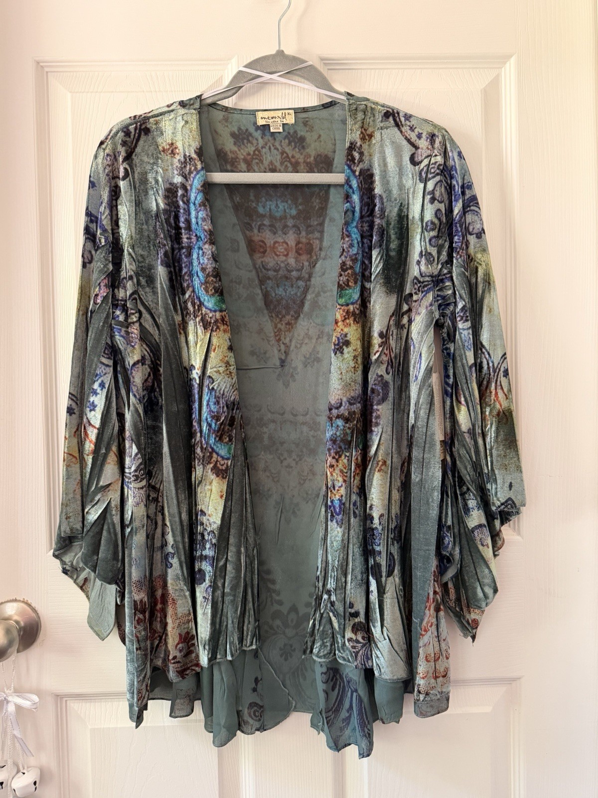 One World Women’s XL Blue Green Purple Paisley V-Neck Bell Sleeve Kimono 88800