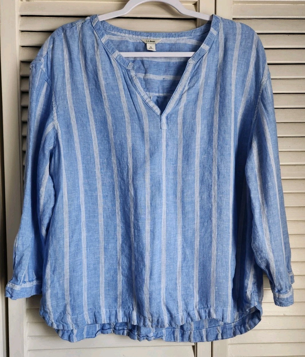 LL Bean Linen Split Neck Blue White Striped Tunic Blouse Size XL Classic Coastal