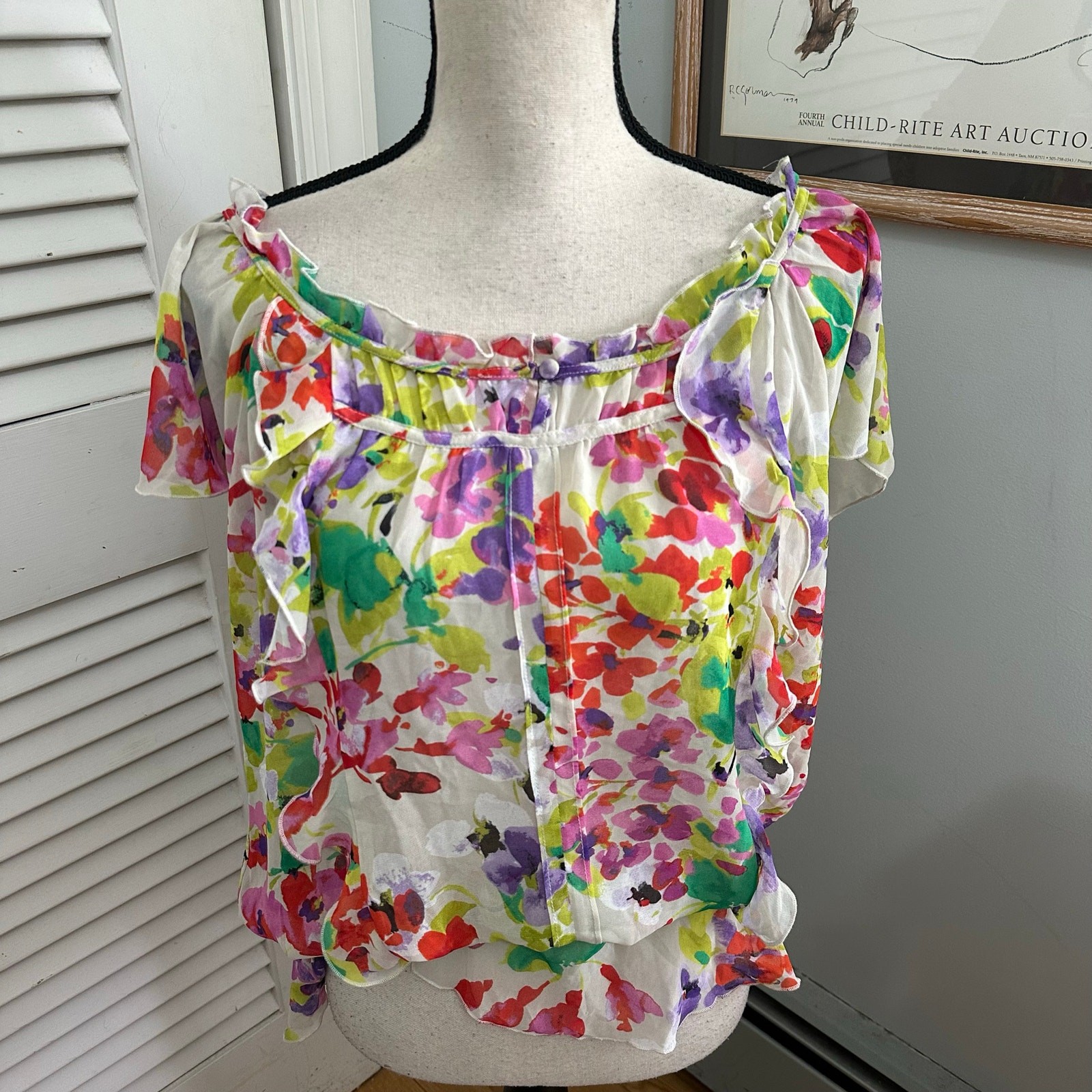 Express Blouse Womens Large Colorful Sheer Chiffon Flutter Y2K Fairy Coquette
