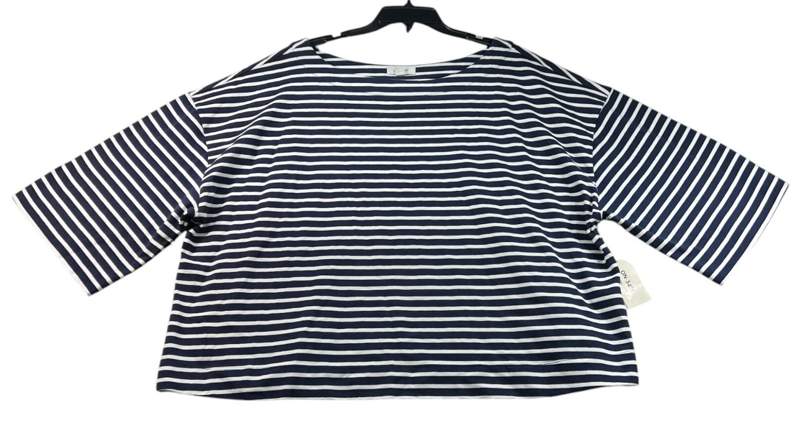 ON 34th Blouse Womens Plus Size 3X Navy Blue White Cropped Striped Cotton New