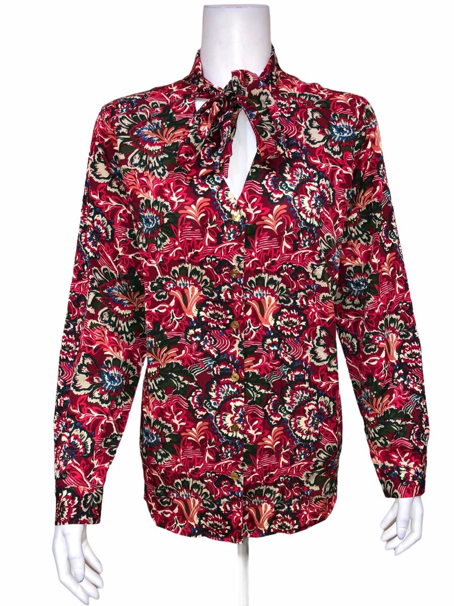 C. Wonder Women’s Tie Neck Floral Print Button Front Blouse Top Red Size 10