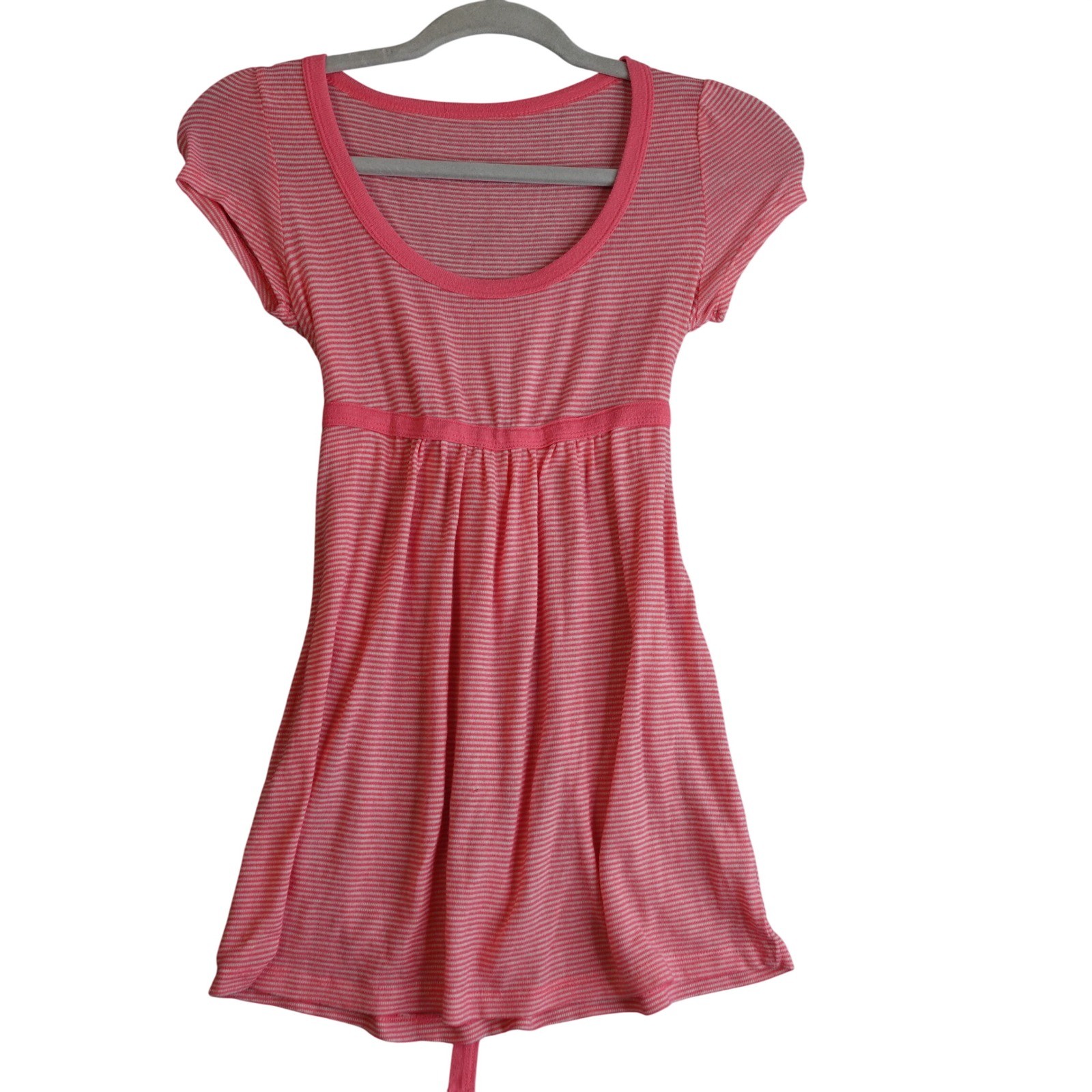 Vintage Y2K Babydoll Top S Pink Striped Empire Waist Tie Back Tunic Soft Girl
